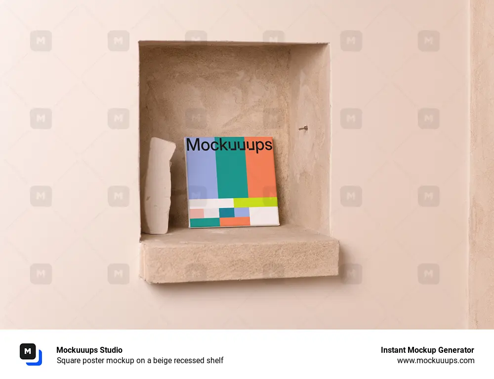 Square poster mockup on a beige recessed shelf