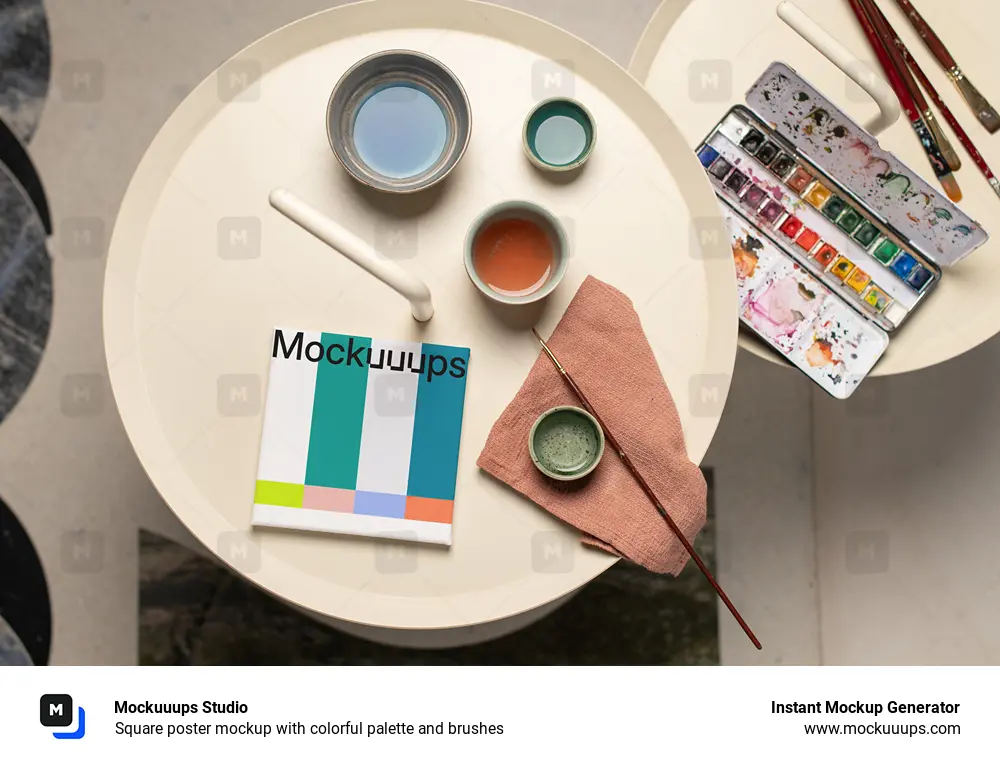 Square poster mockup with colorful palette and brushes
