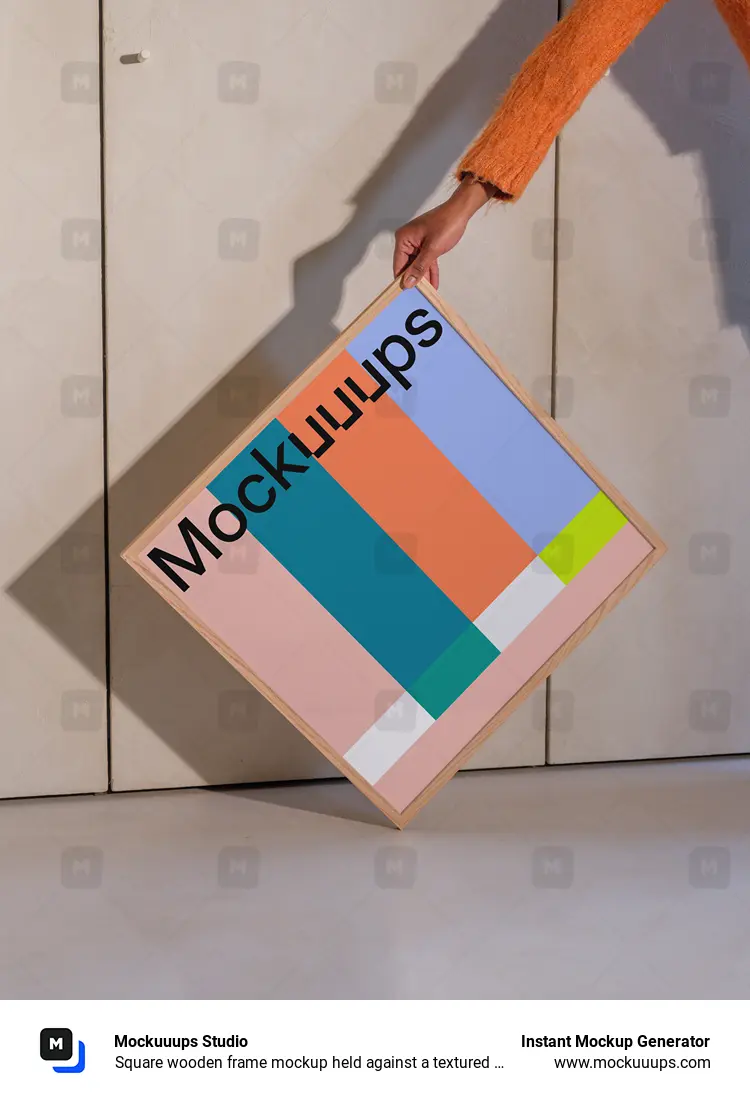 Square wooden frame mockup held against a textured wall
