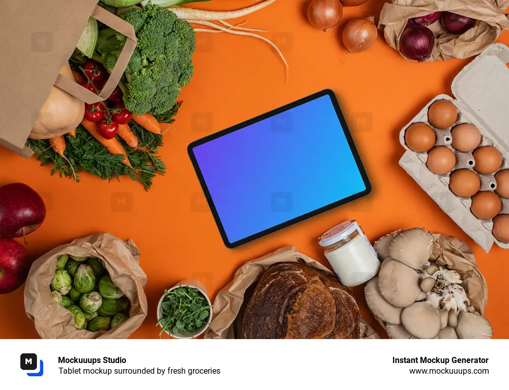 Tablet mockup surrounded by fresh groceries