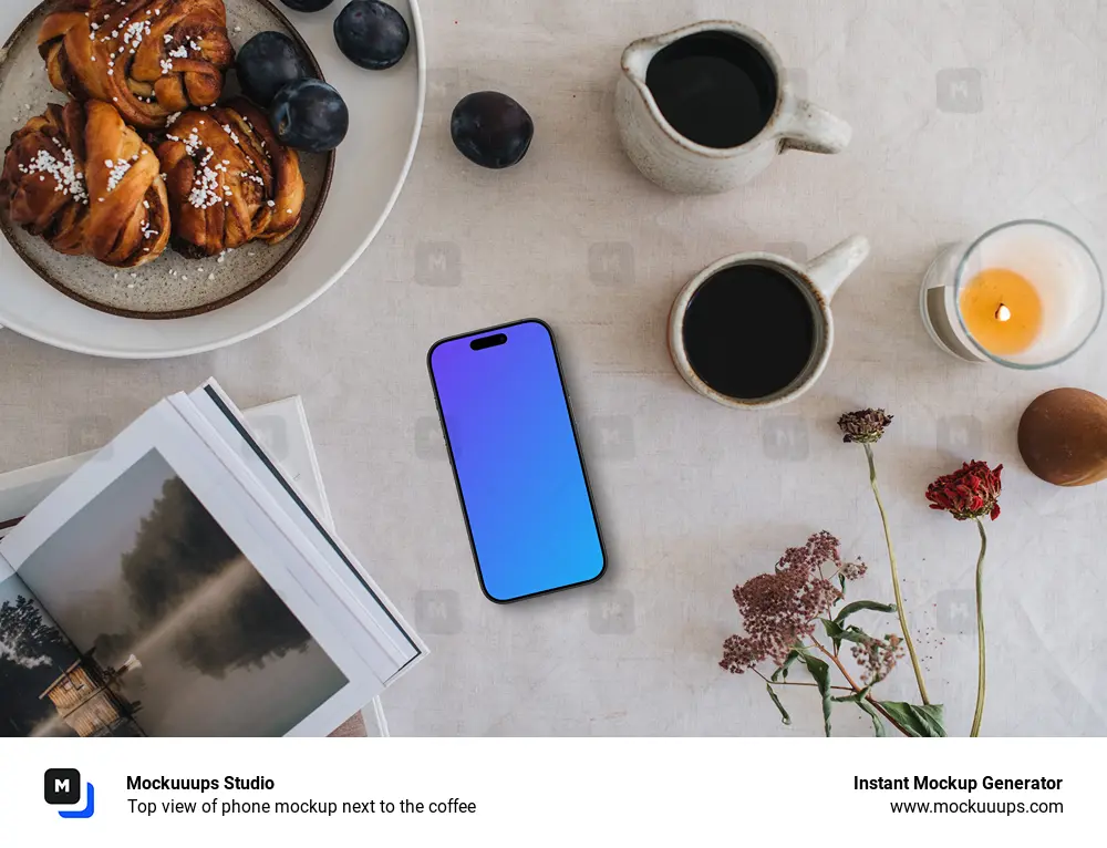 Top view of phone mockup next to the coffee
