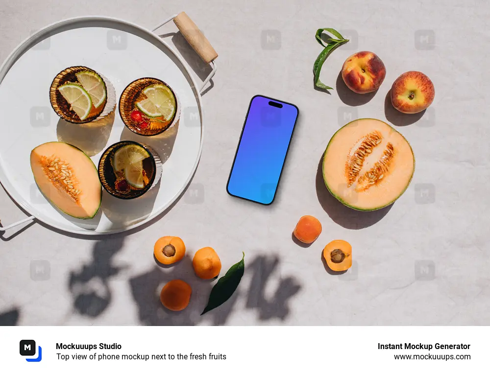 Top view of phone mockup next to the fresh fruits