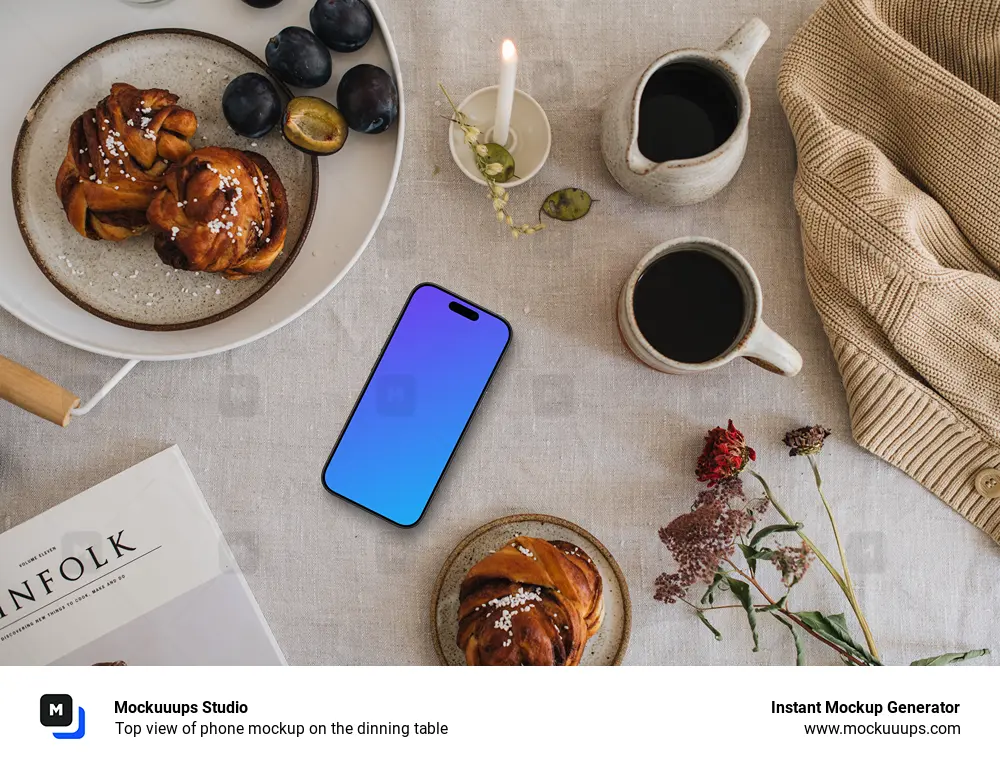 Top view of phone mockup on the dinning table