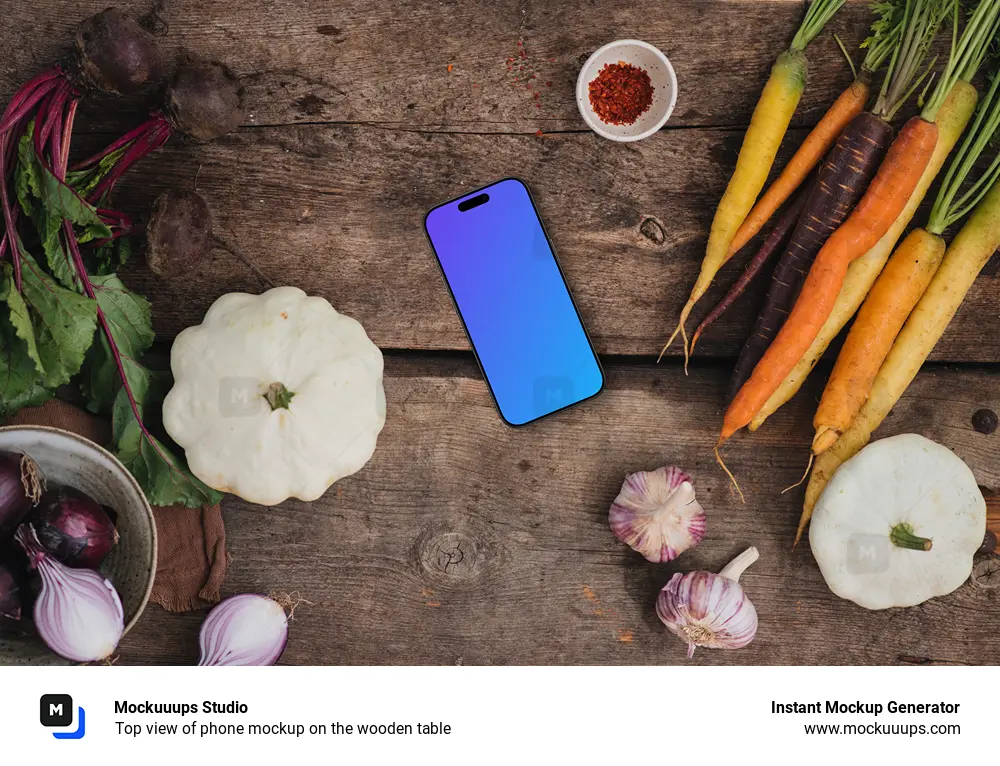 Top view of phone mockup on the wooden table