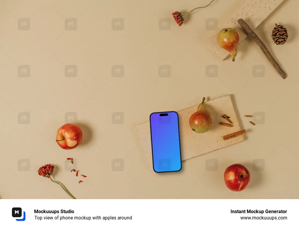 Top view of phone mockup with apples around