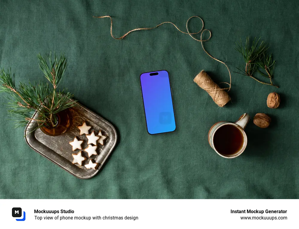 Top view of phone mockup with christmas design