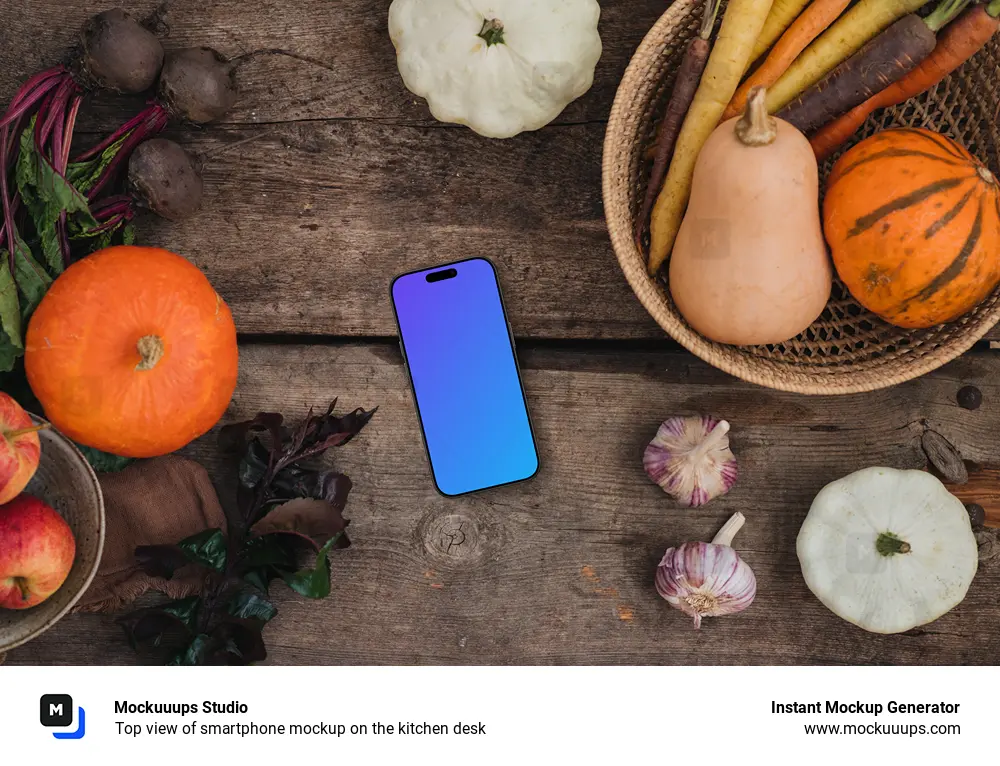 Top view of smartphone mockup on the kitchen desk