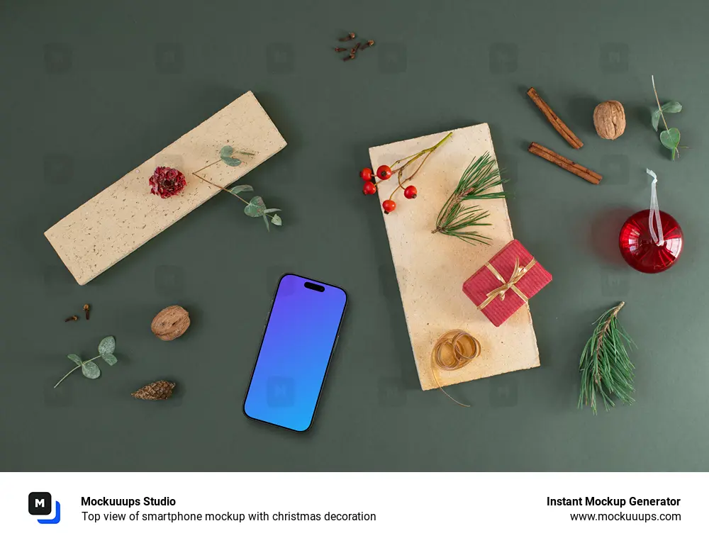 Top view of smartphone mockup with christmas decoration