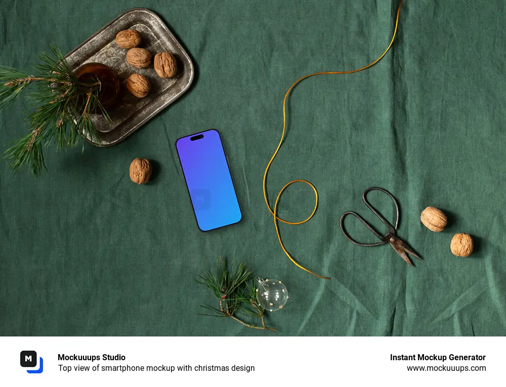 Top view of smartphone mockup with christmas design