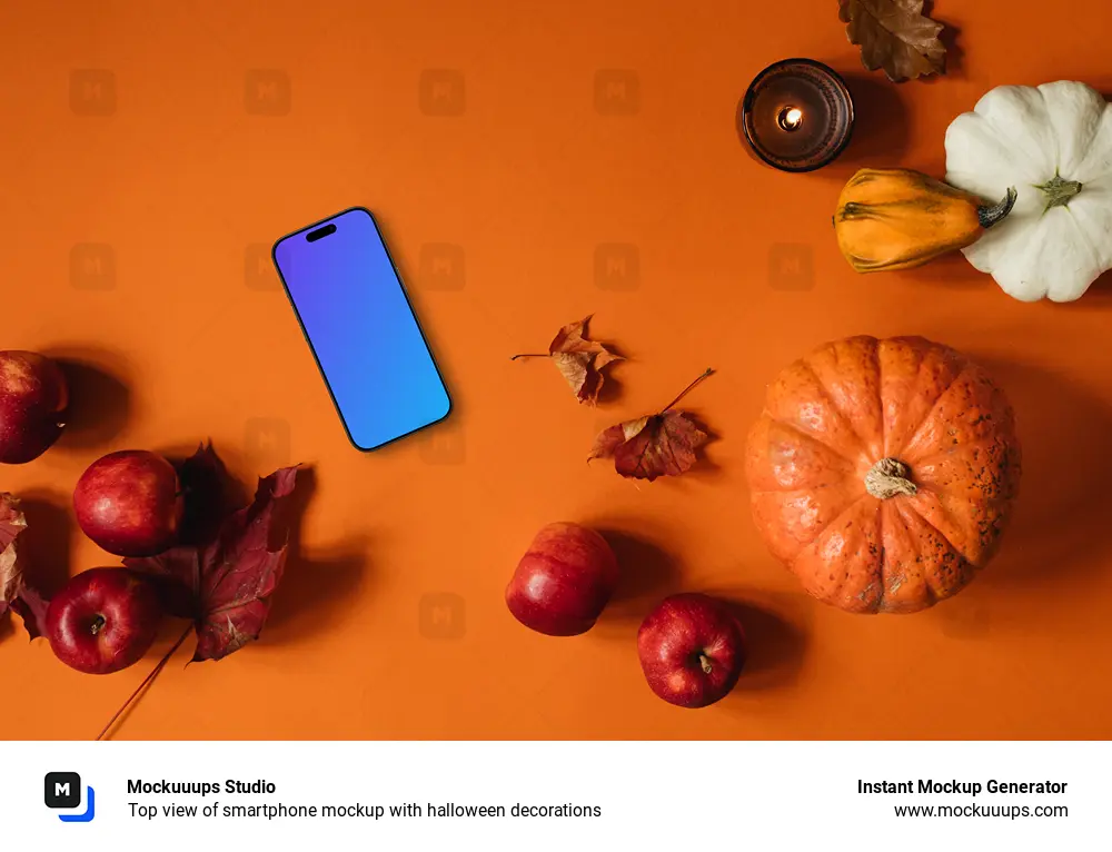 Top view of smartphone mockup with halloween decorations