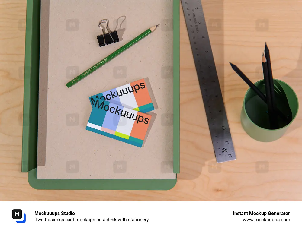 Two business card mockups on a desk with stationery