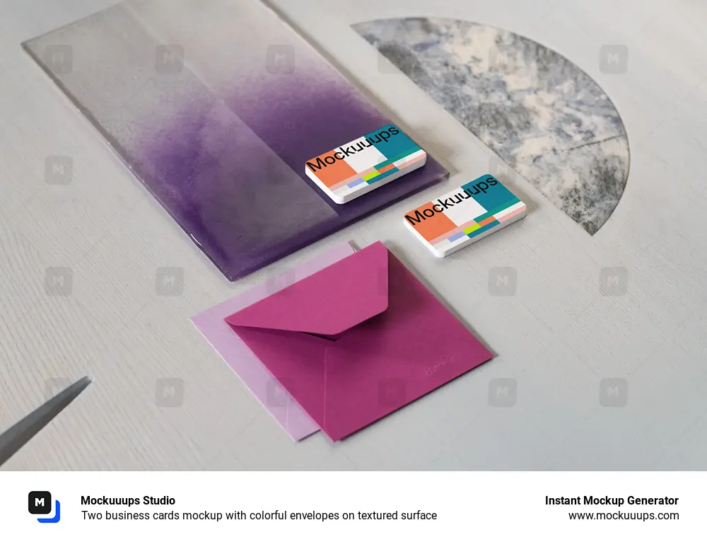 Two business cards mockup with colorful envelopes on textured surface
