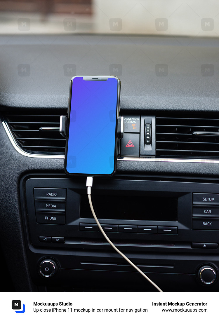 Up-close iPhone 11 mockup in car mount for navigation