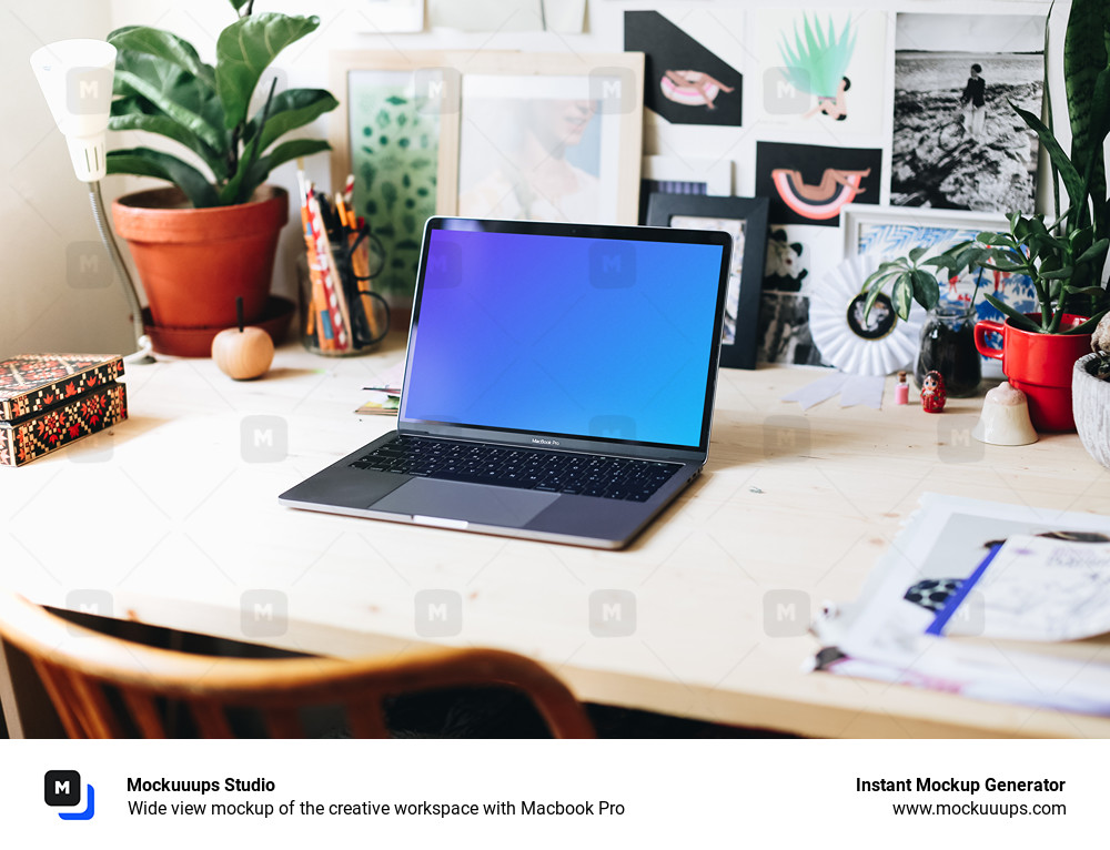 Wide view mockup of the creative workspace with Macbook Pro