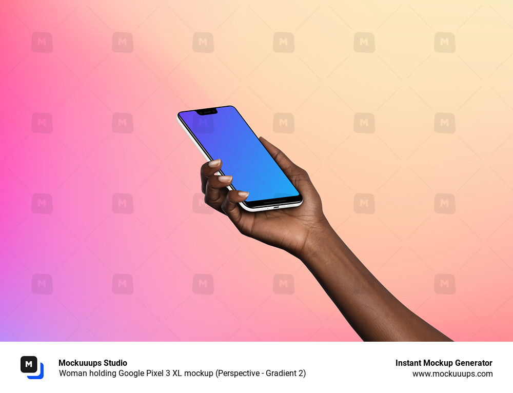 Woman holding Google Pixel 3 XL mockup (Perspective - Gradient 2)