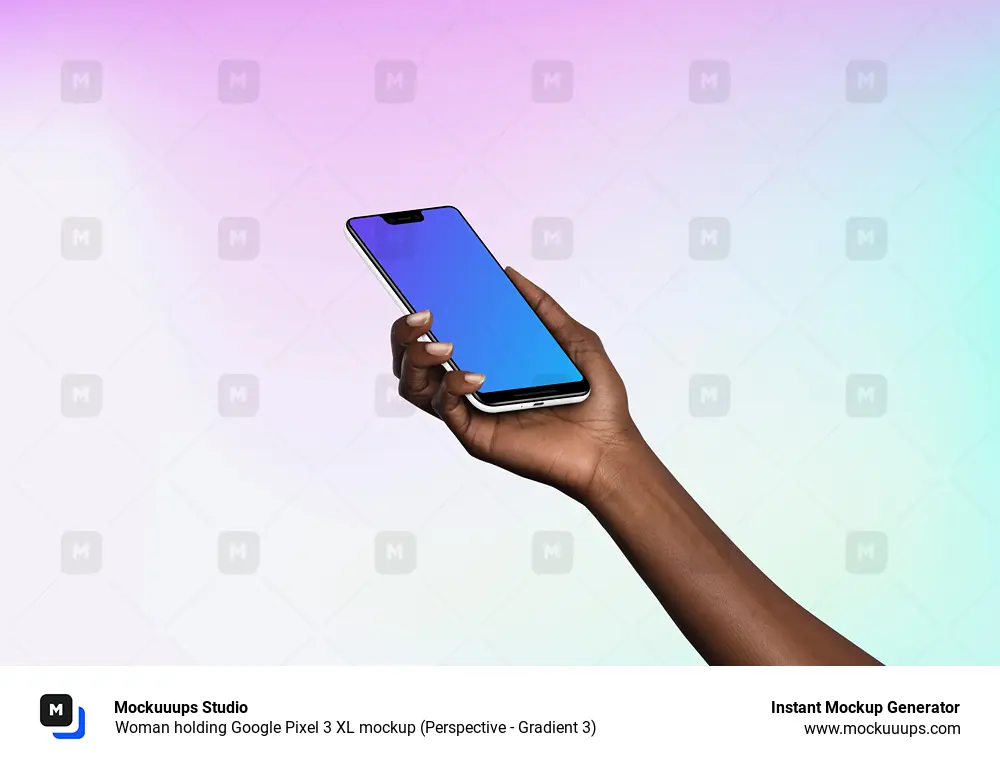 Woman holding Google Pixel 3 XL mockup (Perspective - Gradient 3)