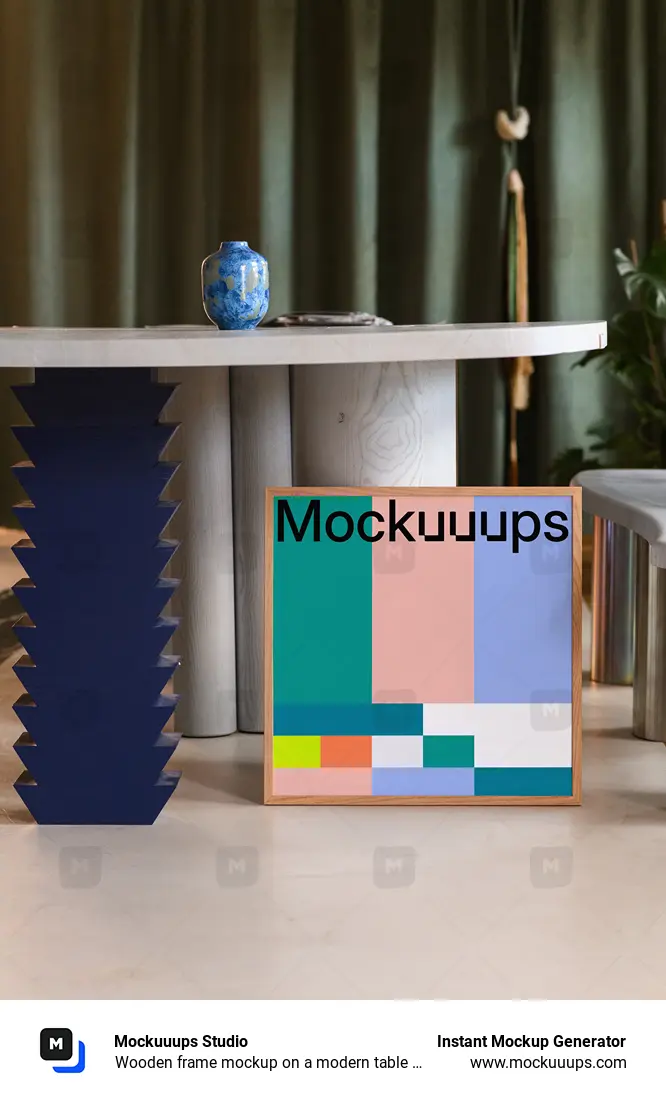 Wooden frame mockup on a modern table with decor