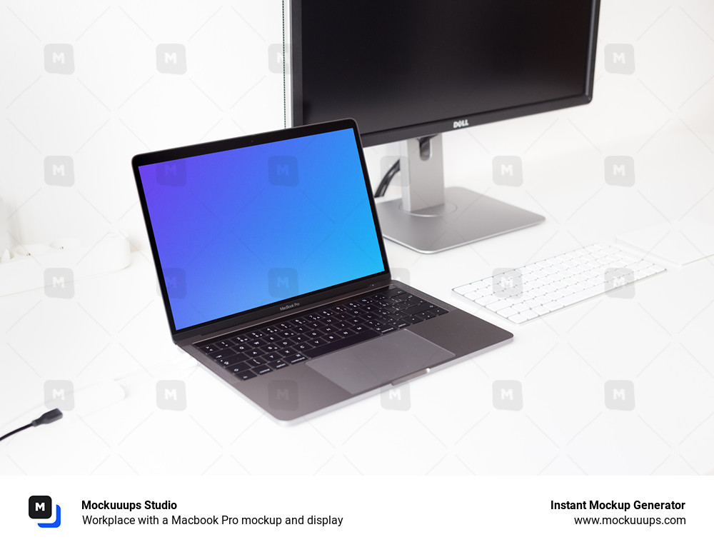 Workplace with a Macbook Pro mockup and display