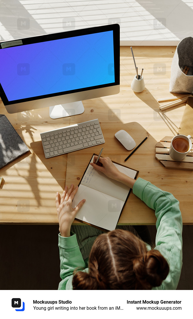 Young girl writing into her book from an iMac mockup