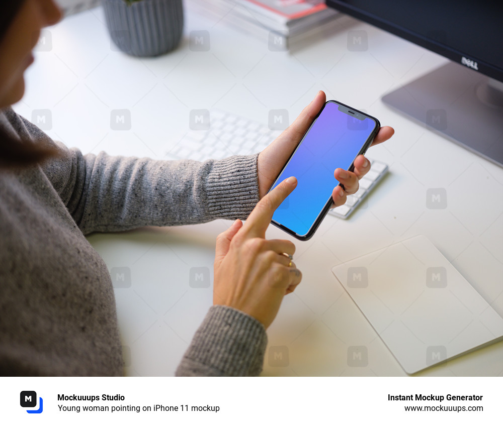 Young woman pointing on iPhone 11 mockup