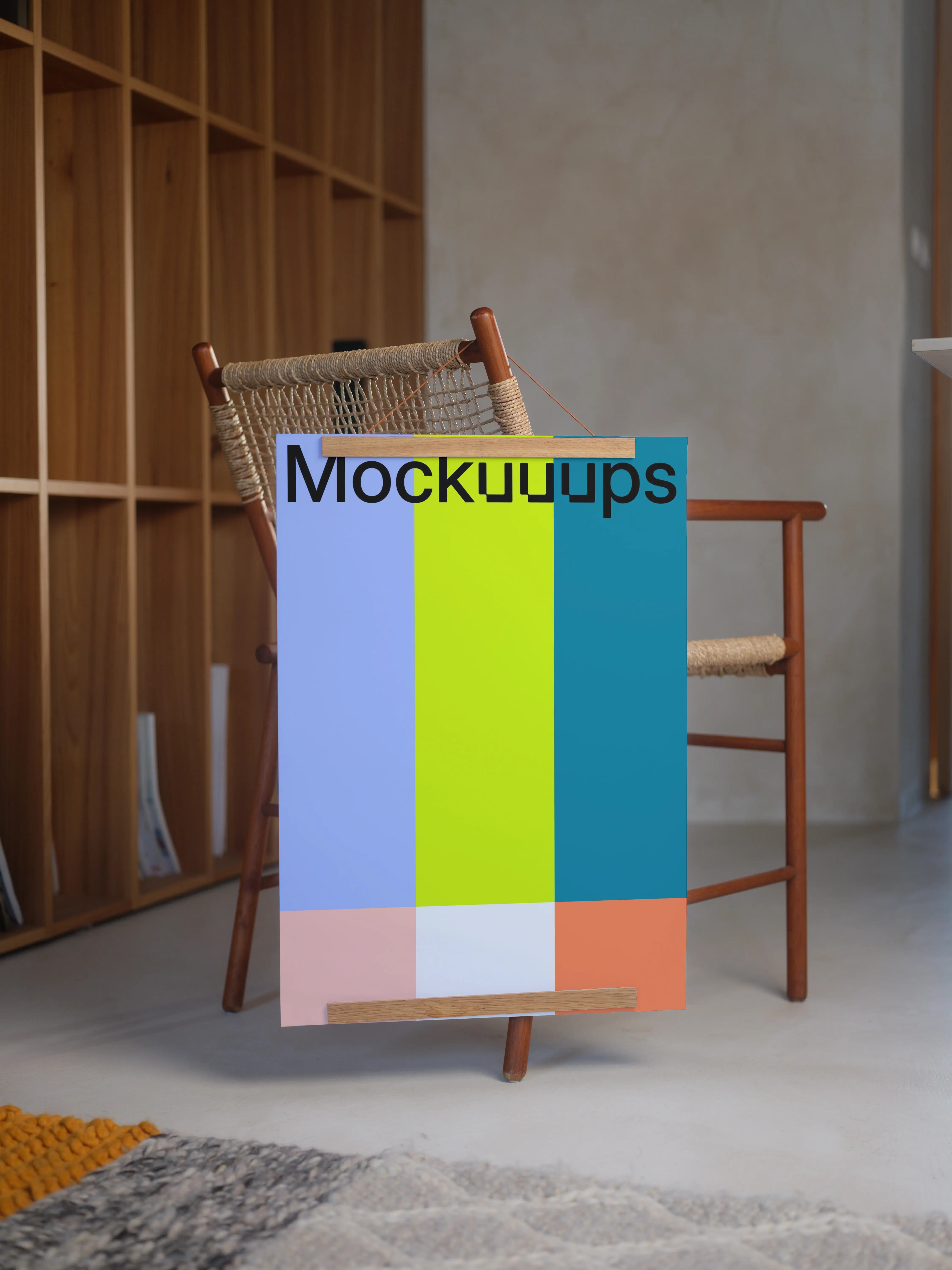 A3 poster mockup on a wooden chair in a cozy interior