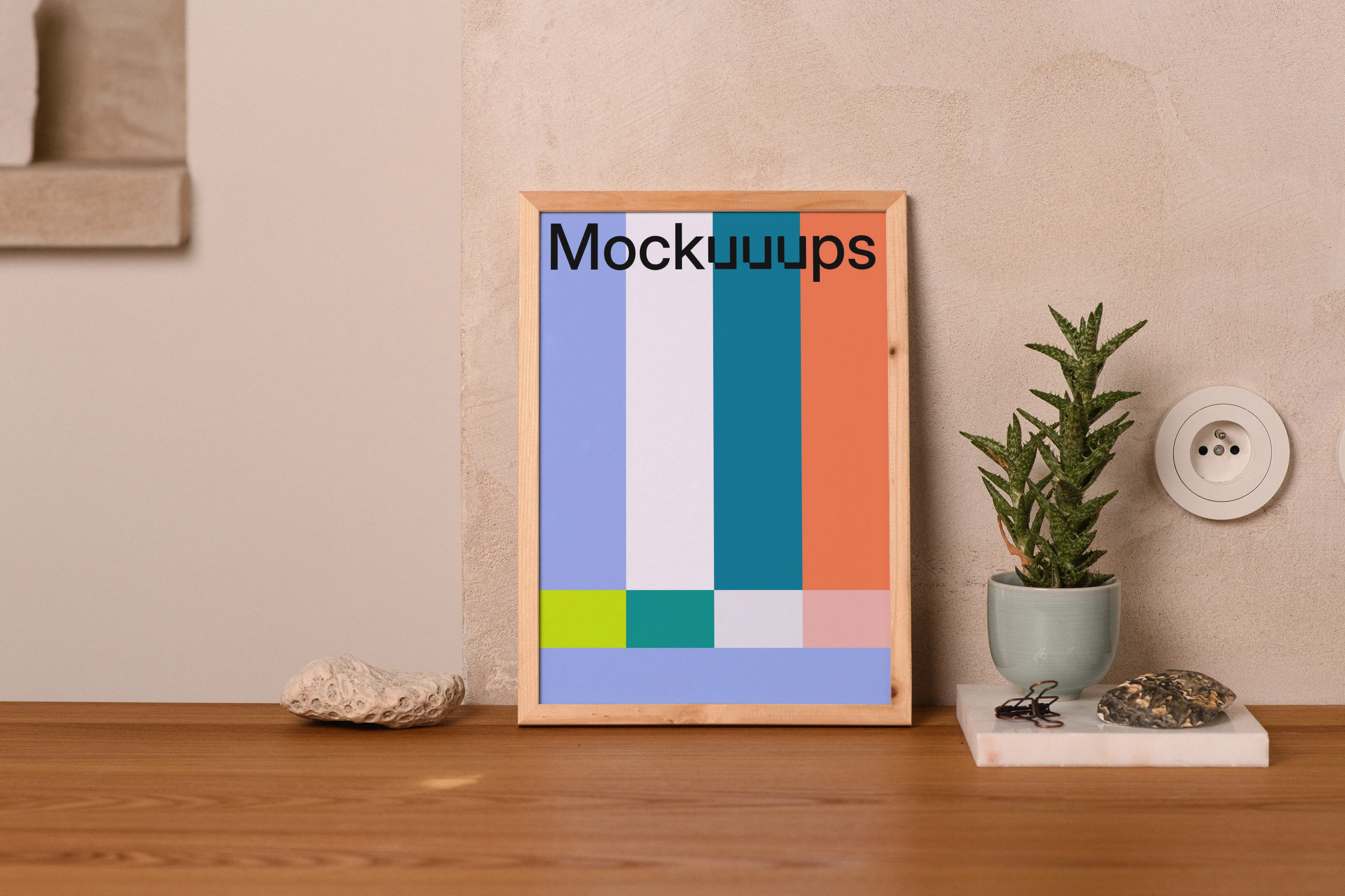A4 mockup with wooden frame on a tabletop
