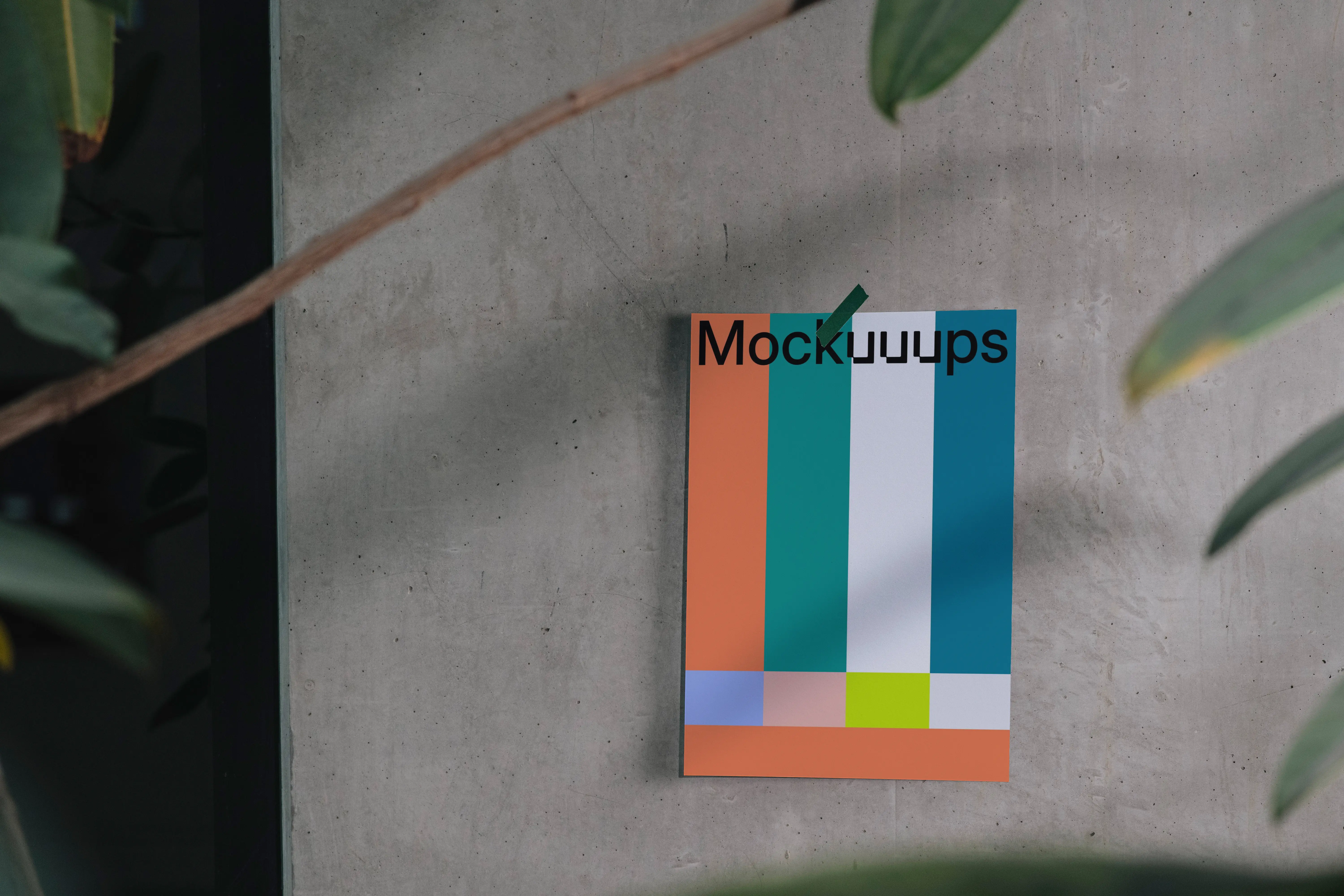 A4 poster mockup with plants on a concrete wall