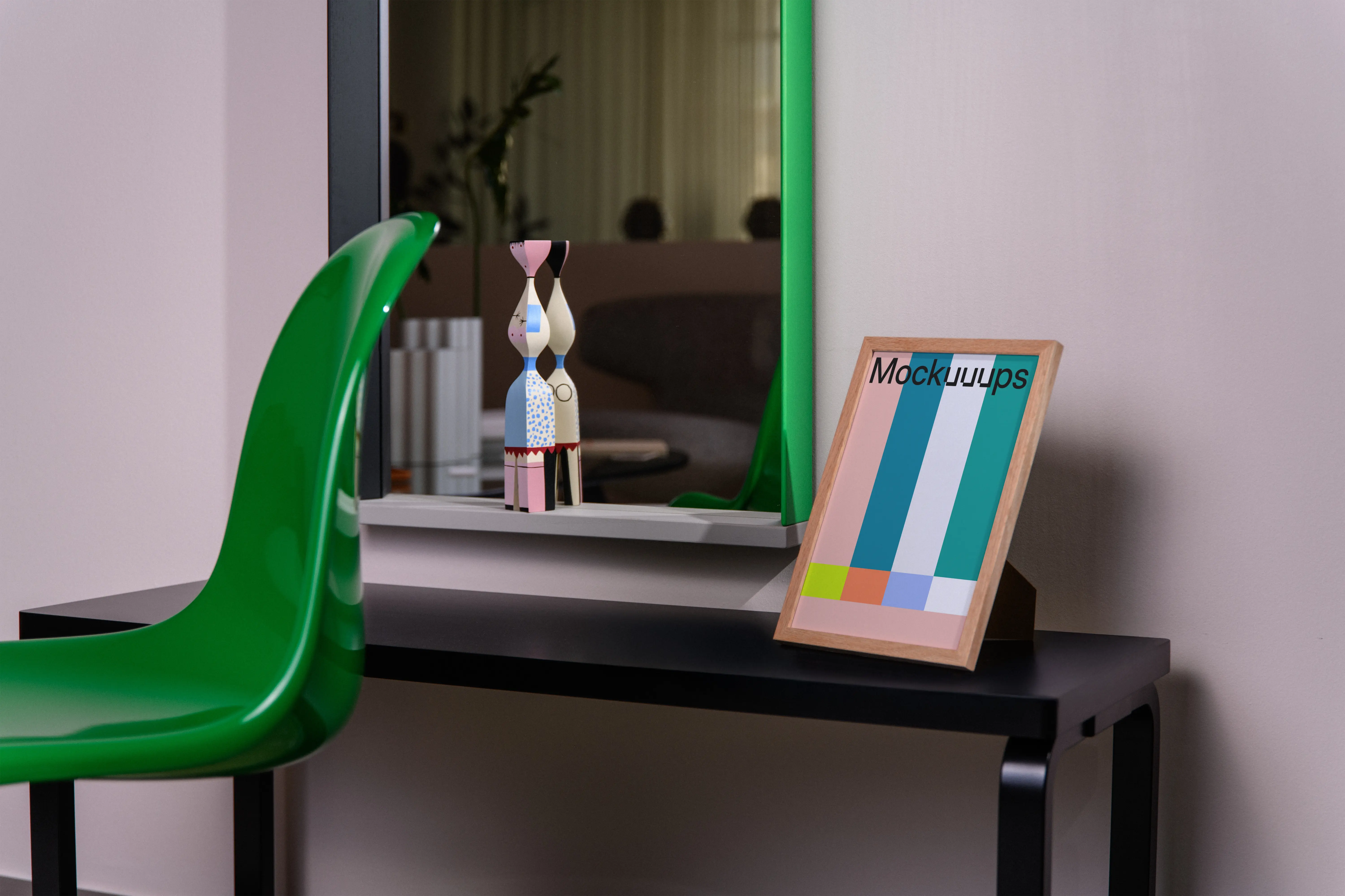 A5 frame mockup on a black desk with decor and mirror