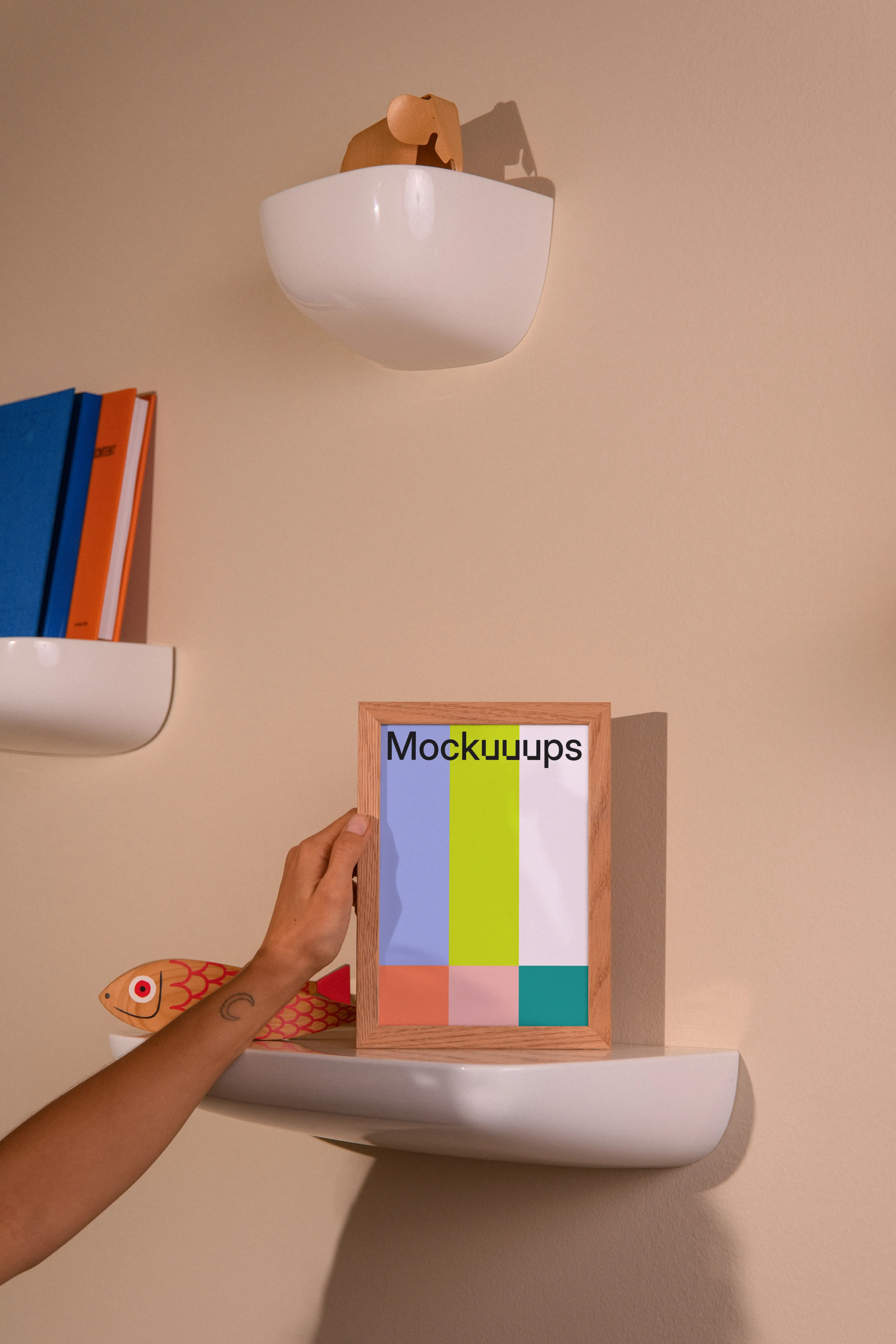 A5 frame mockup on a minimalist wall shelf