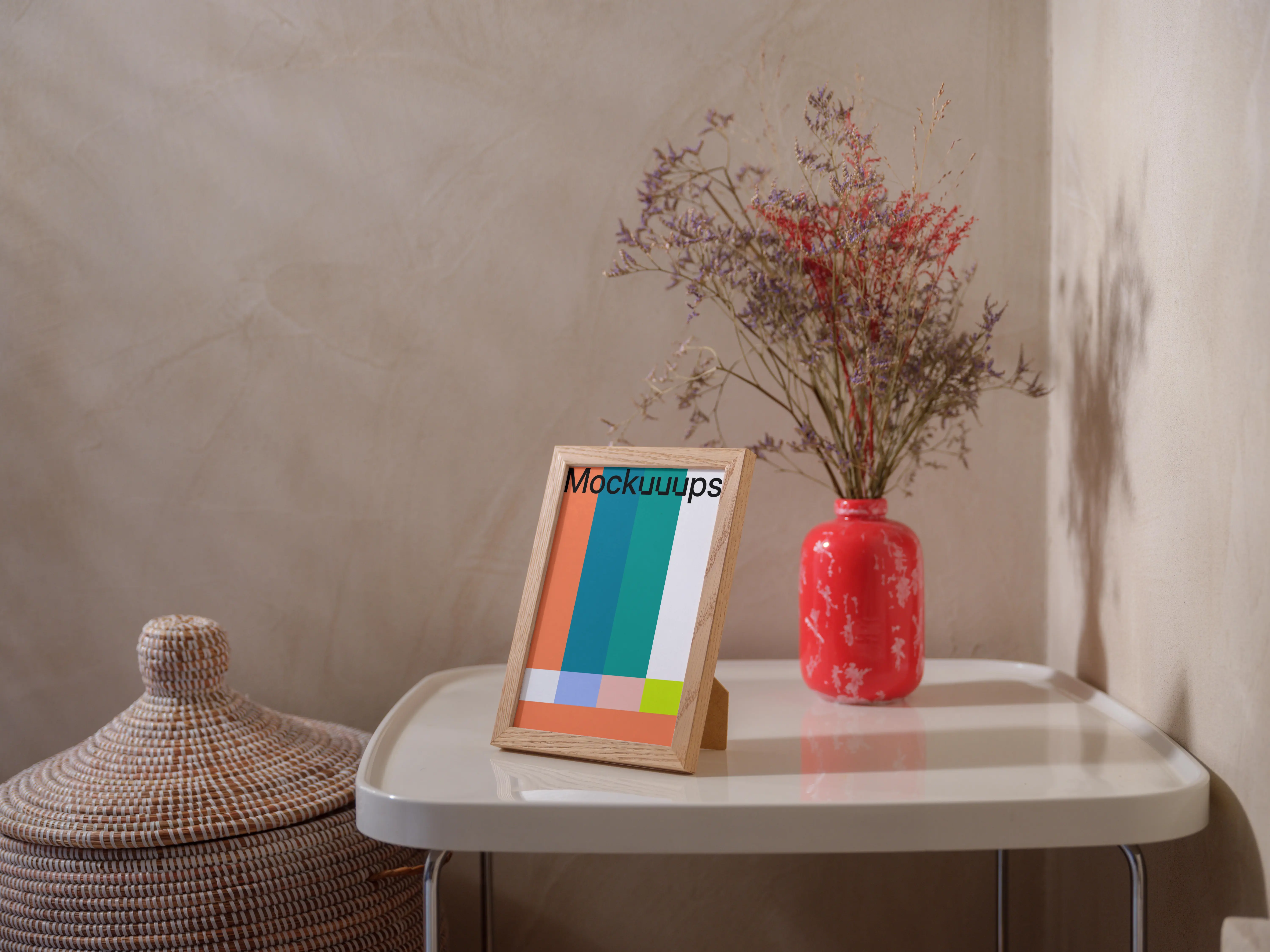 A5 frame mockup on a modern table with decorative elements