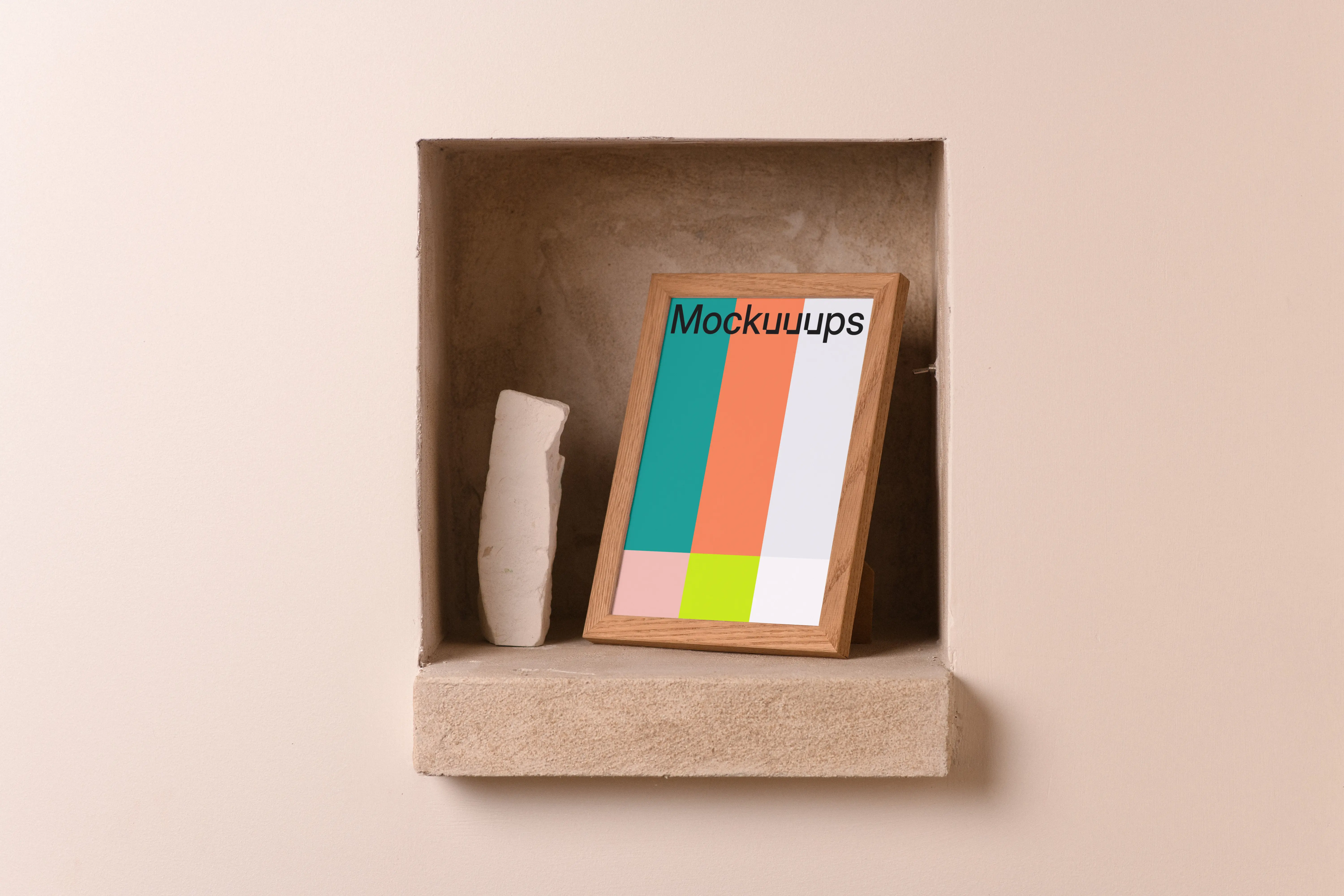 A5 frame mockup on a rustic niche shelf
