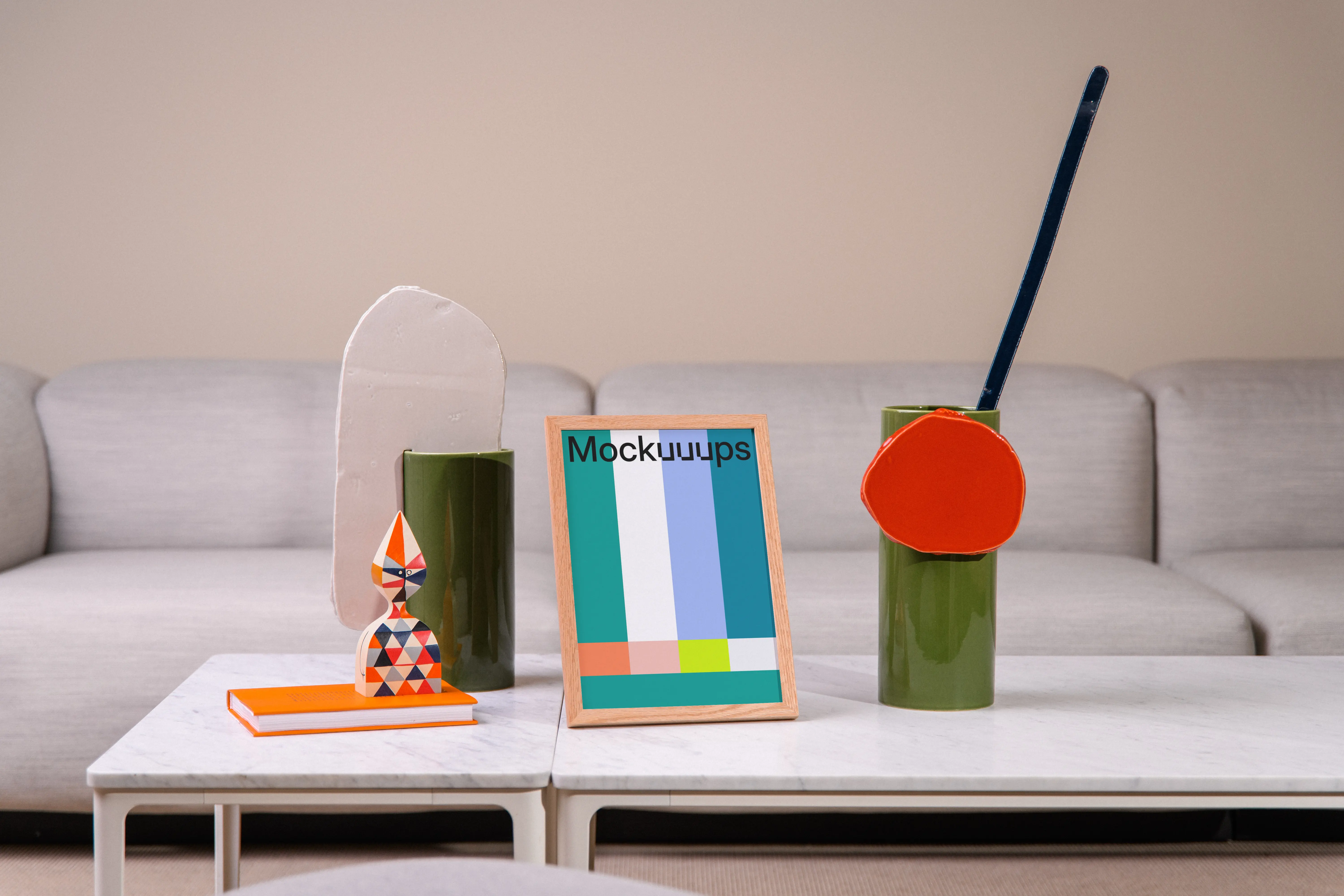 A5 wooden frame mockup with colorful decor on a table