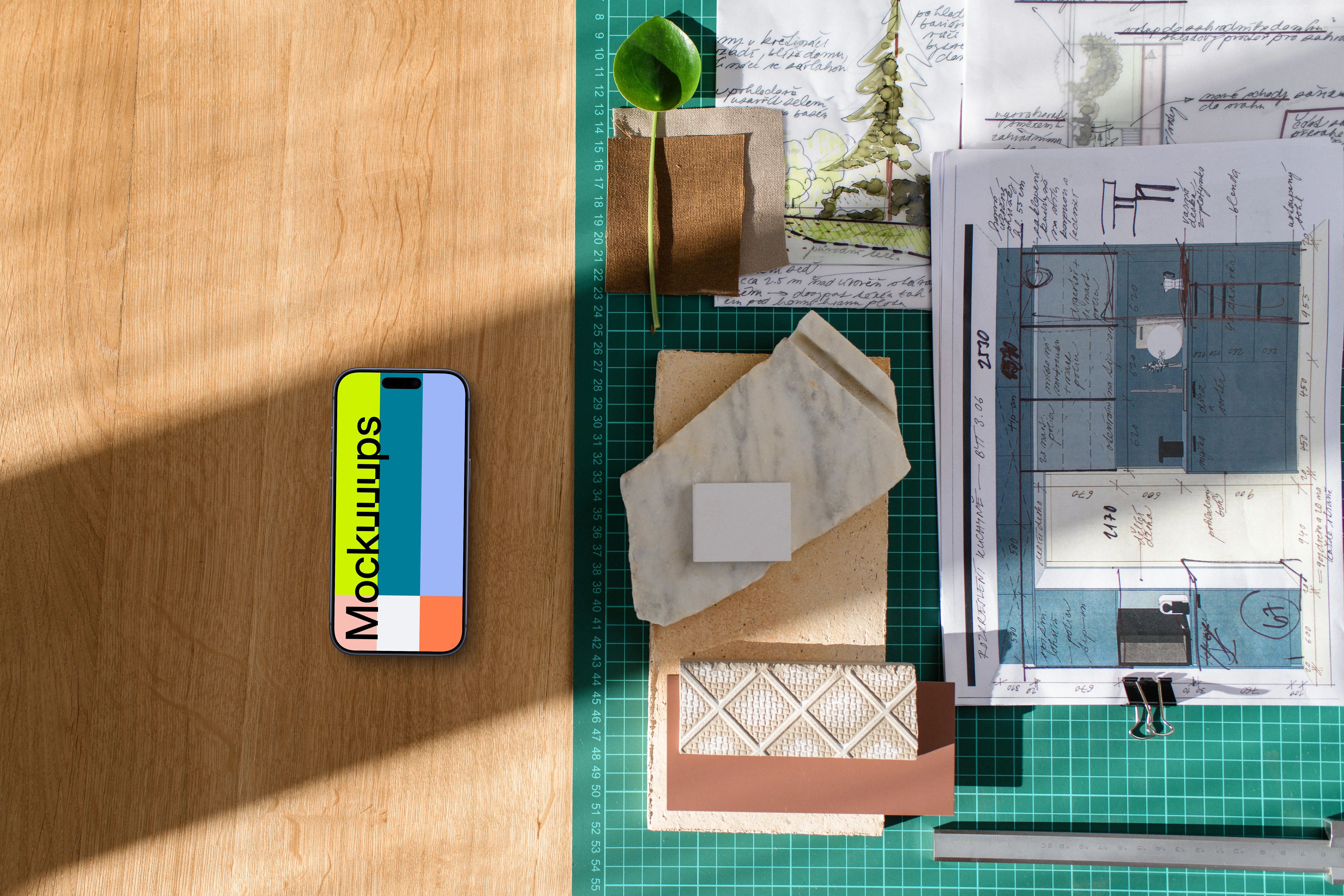 Architect's smartphone mockup on a wooden desk with blueprints