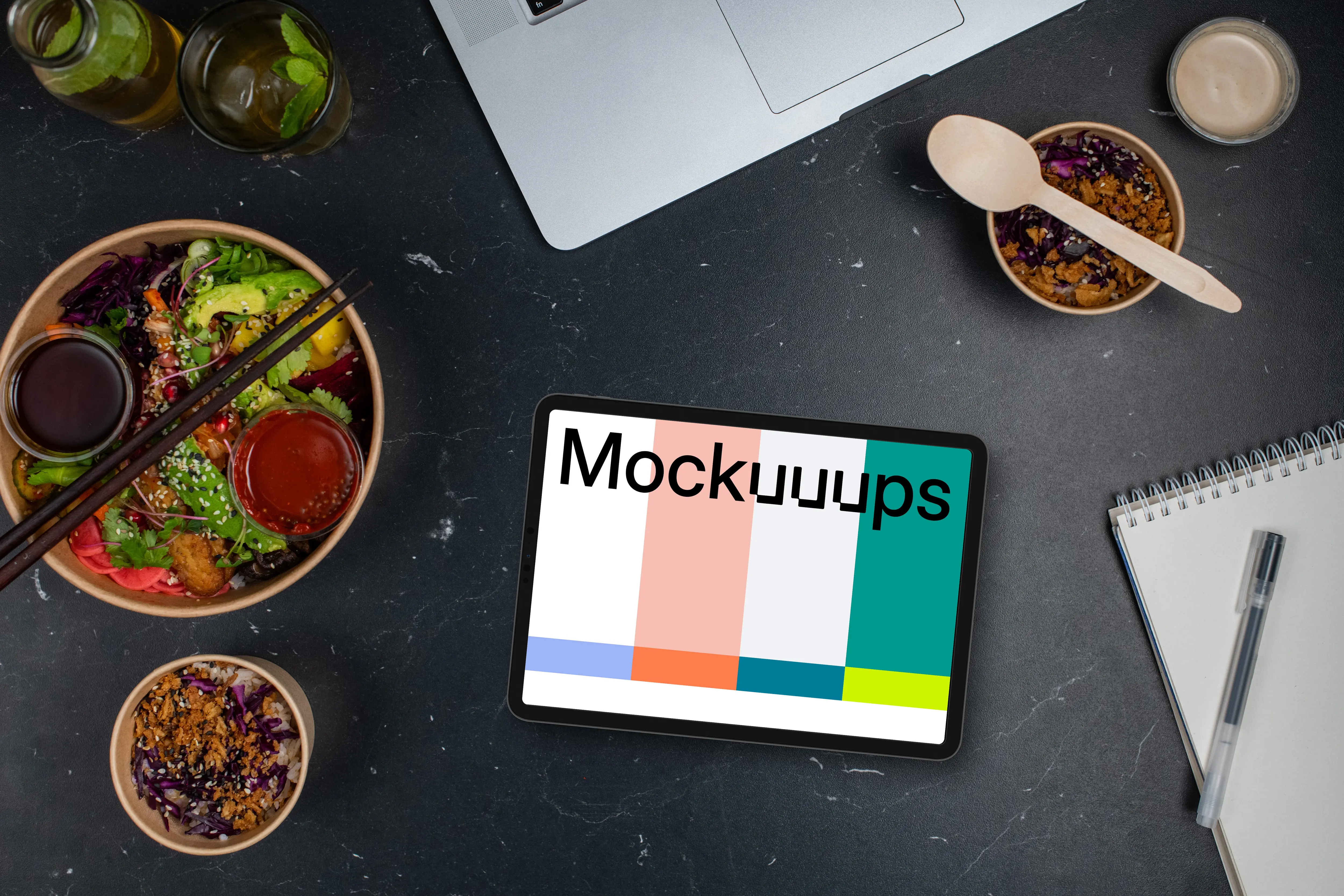 Asian delivery meals next to the tablet mockup