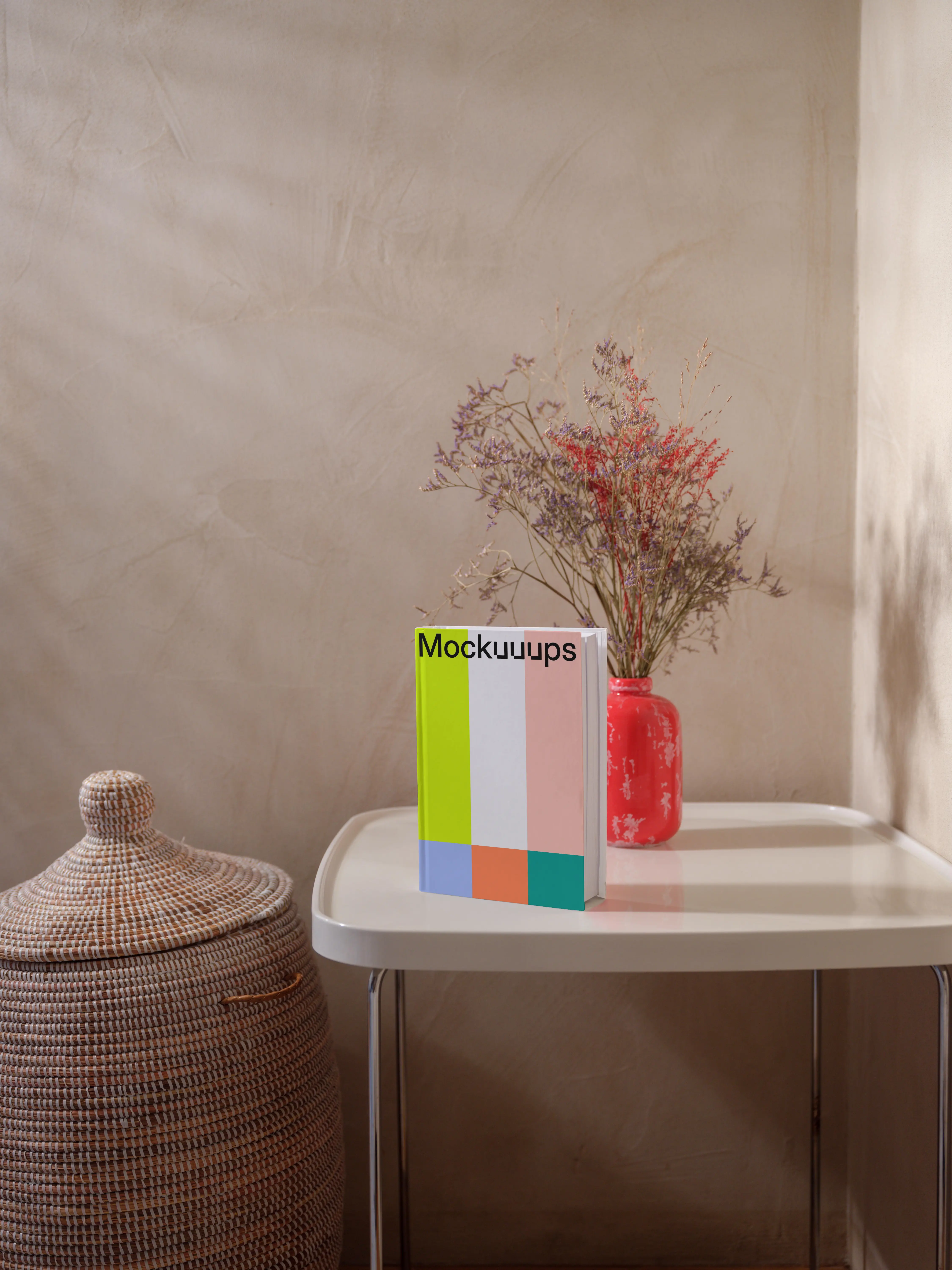 B-format book mockup on a modern side table