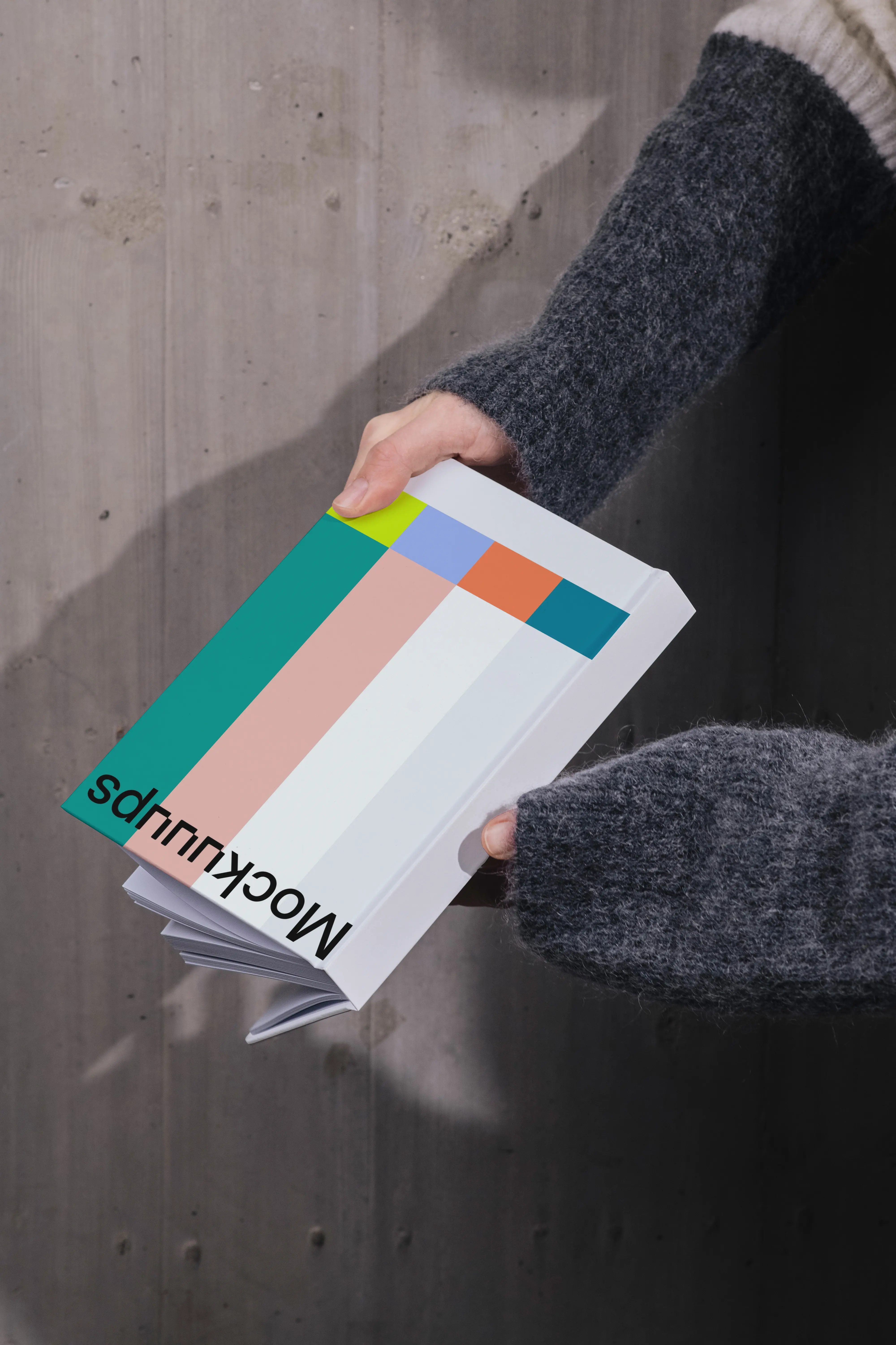 Book mockup held against a concrete wall