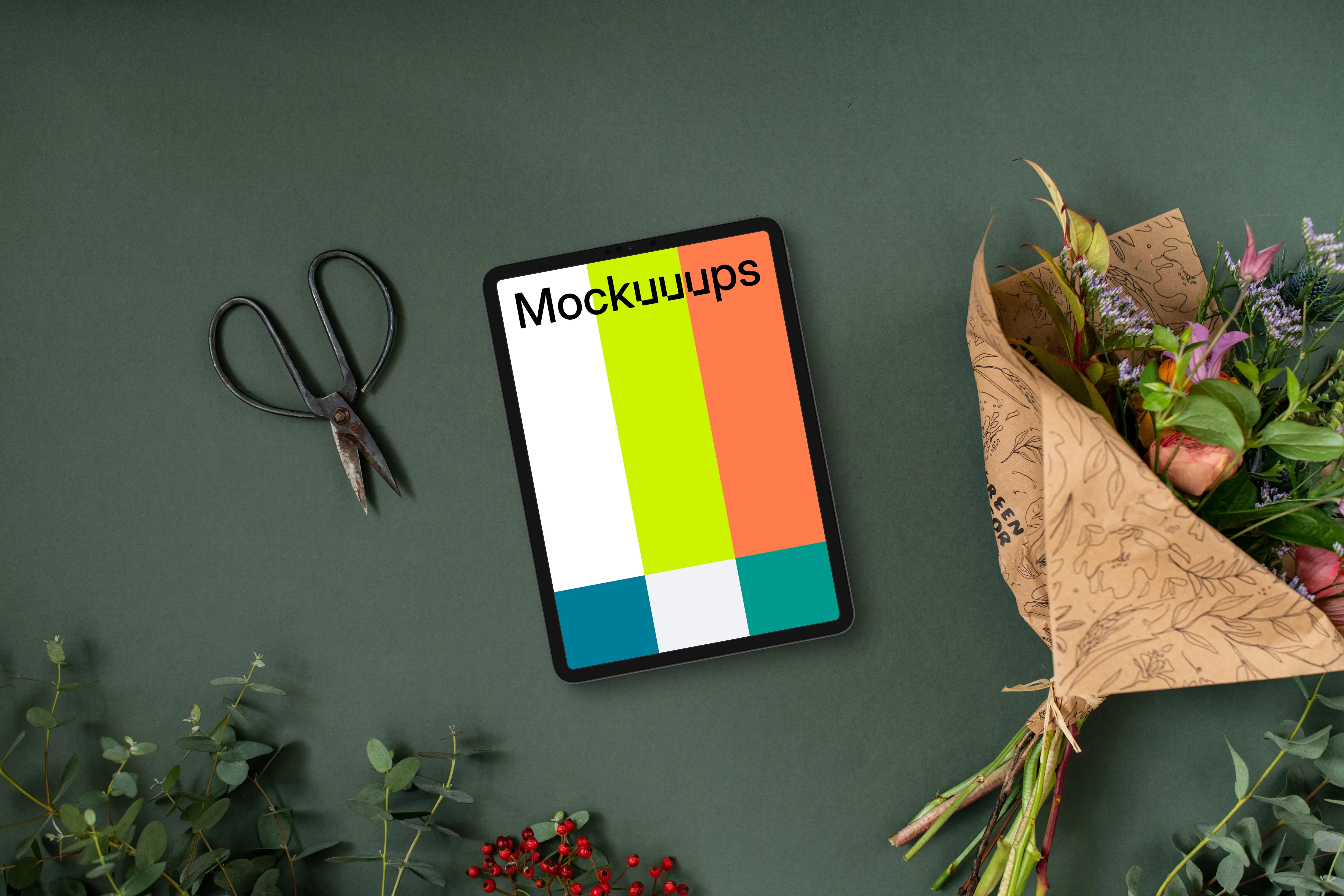 Bouquet of flowers with tablet mockup