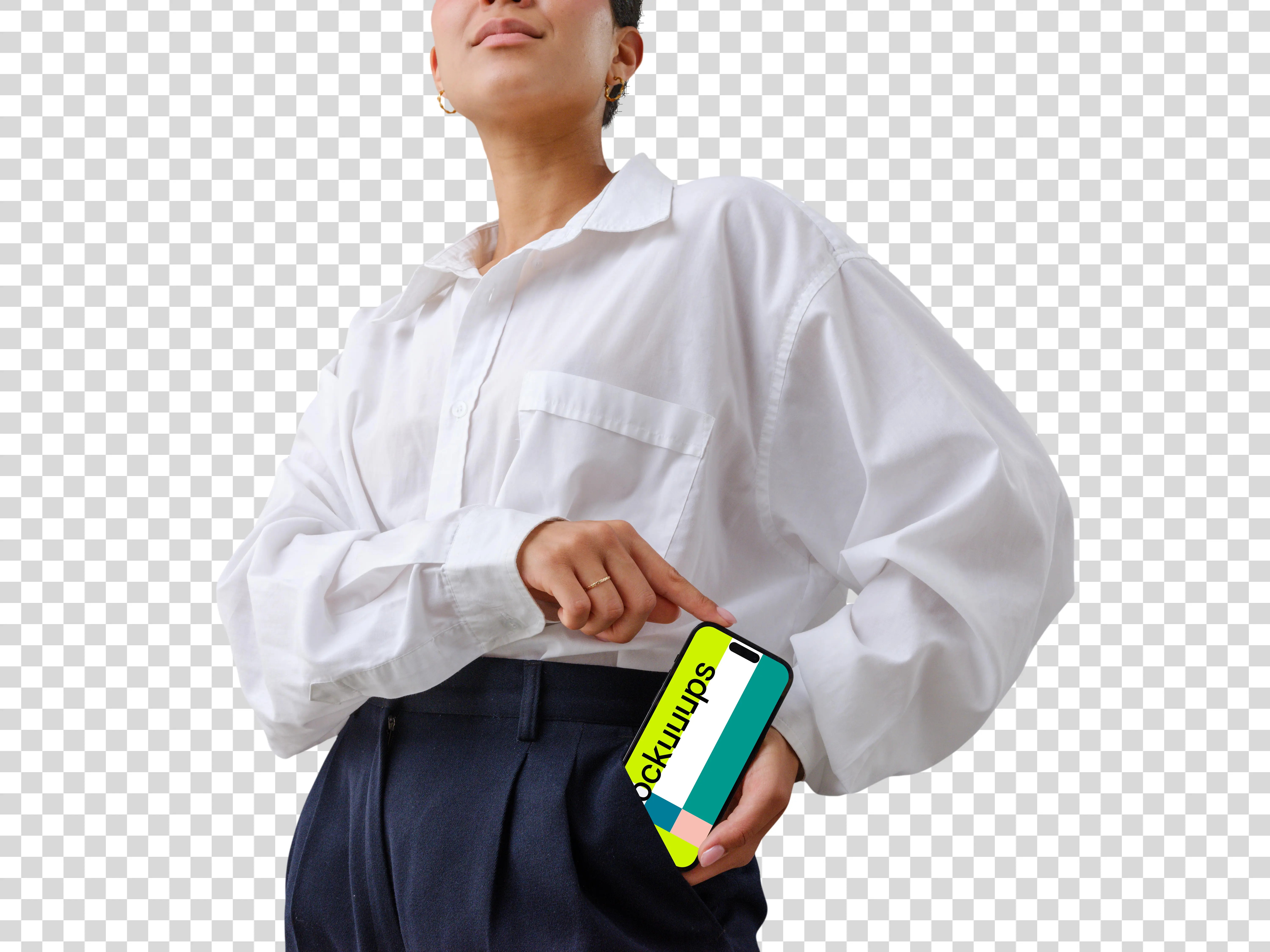 Businesswoman with an iPhone mockup in her pocket