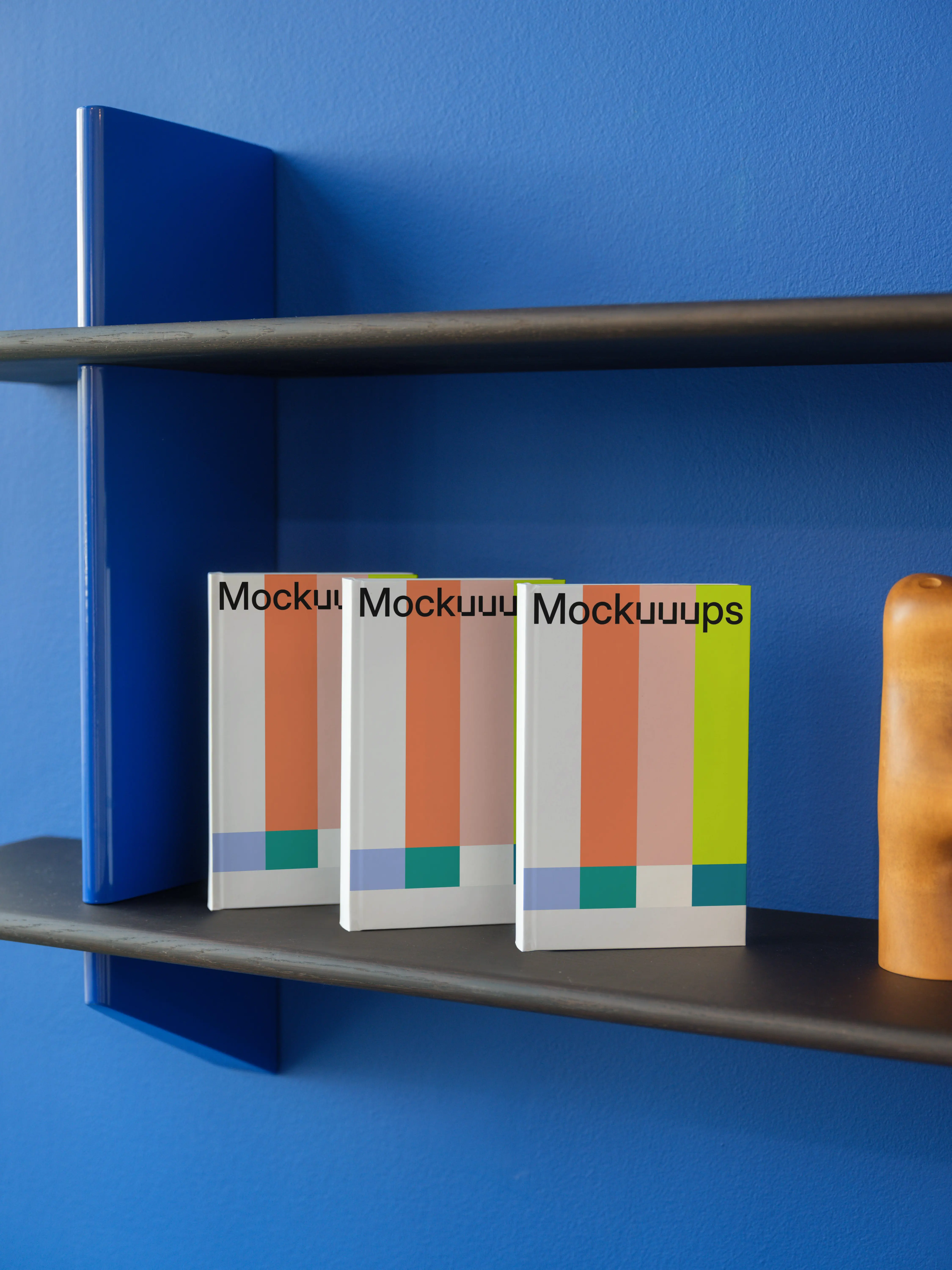 C-format book mockup on a modern shelf