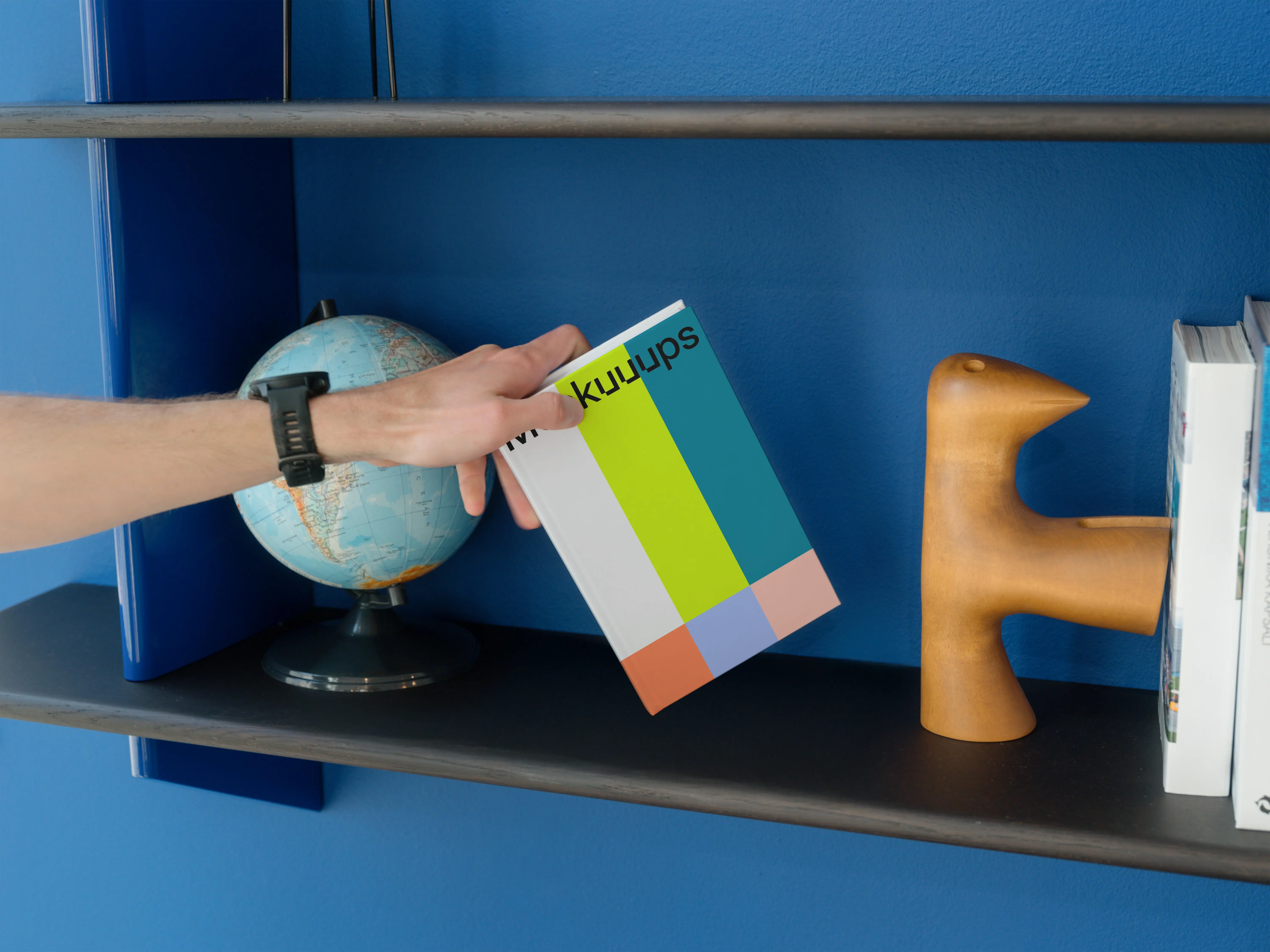 C-format book mockup on a stylish bookshelf