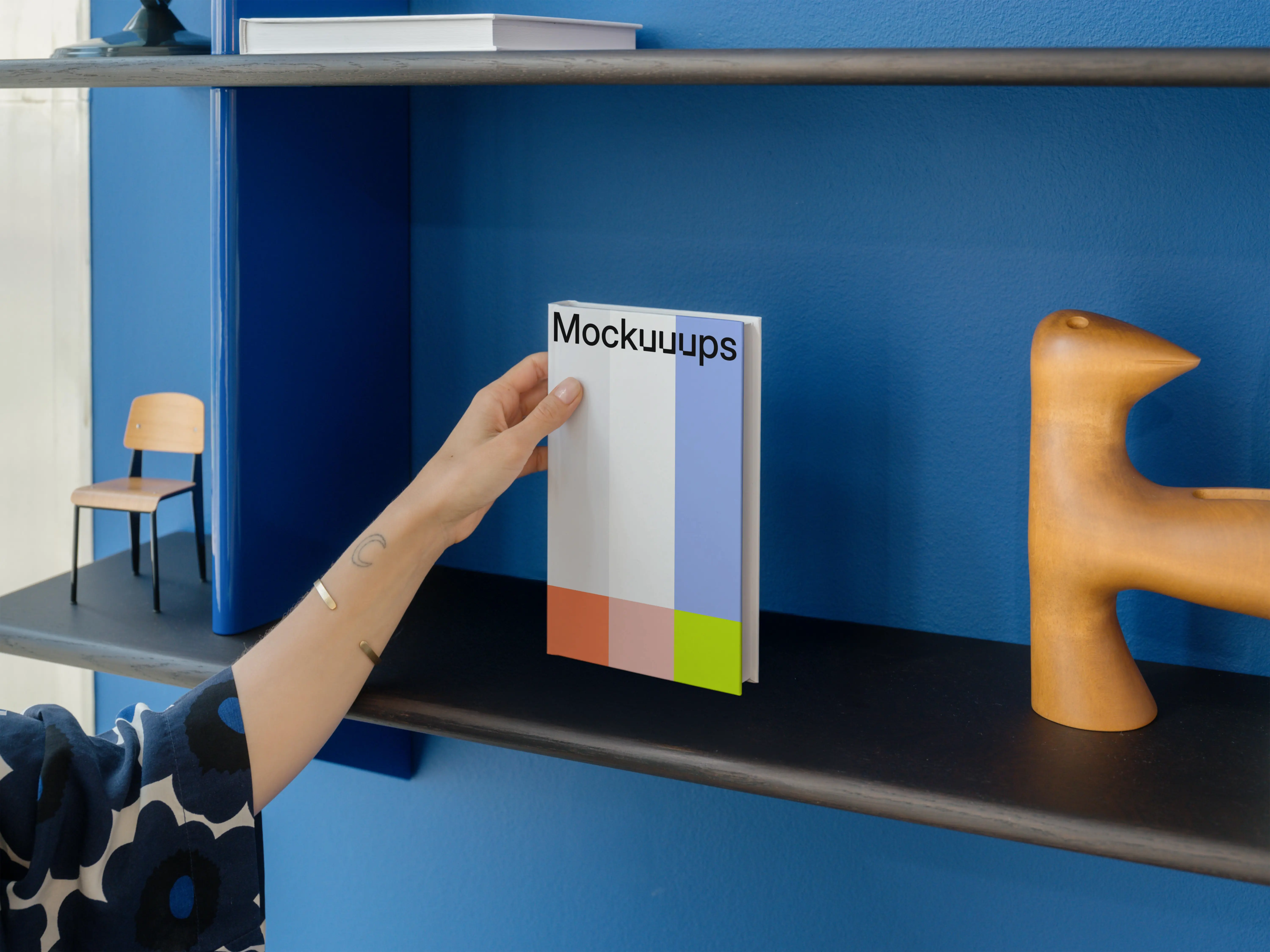 C-format book mockup on a stylish shelf