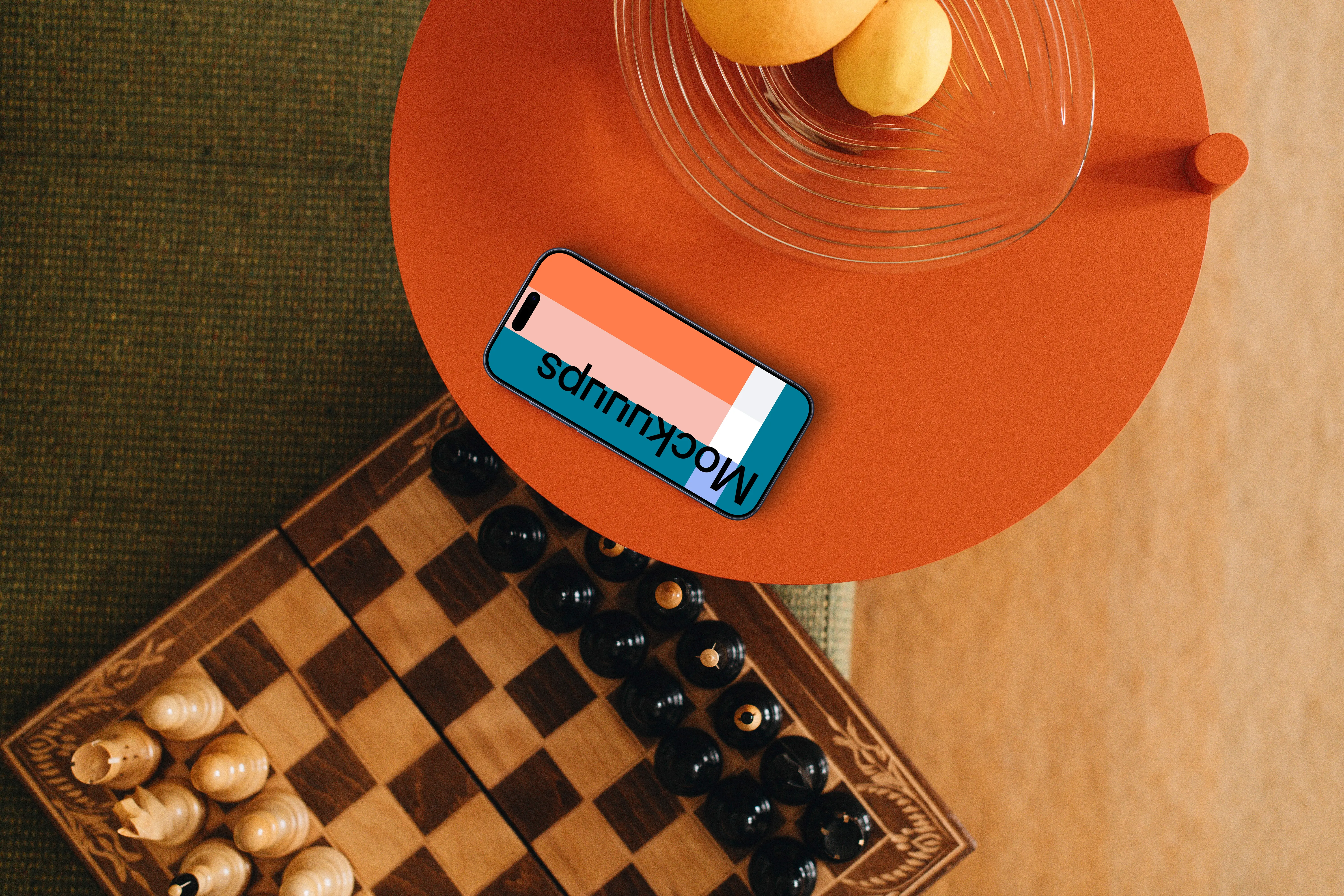 Chess board next to the iPhone mockup