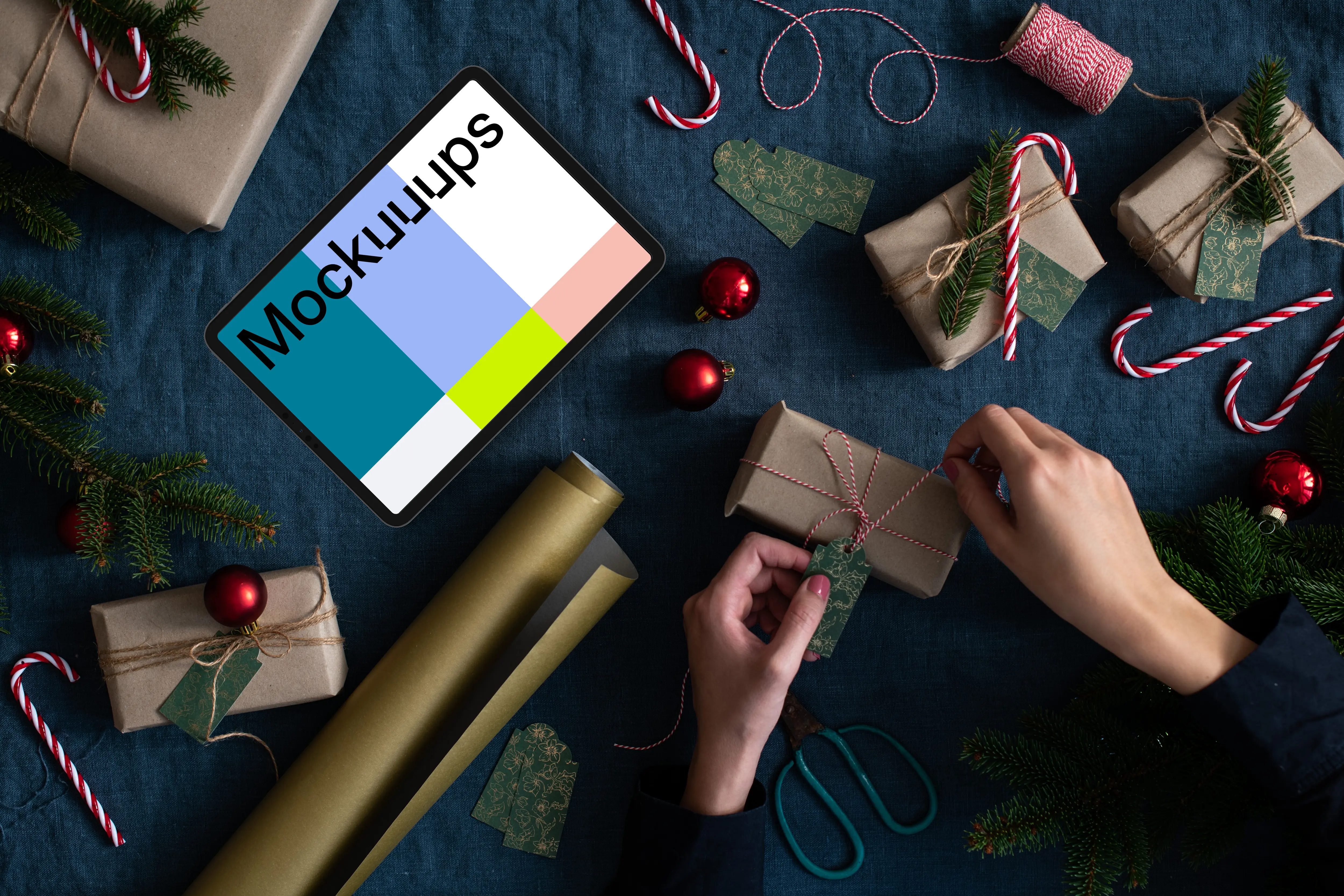 Christmas table with a tablet mockup