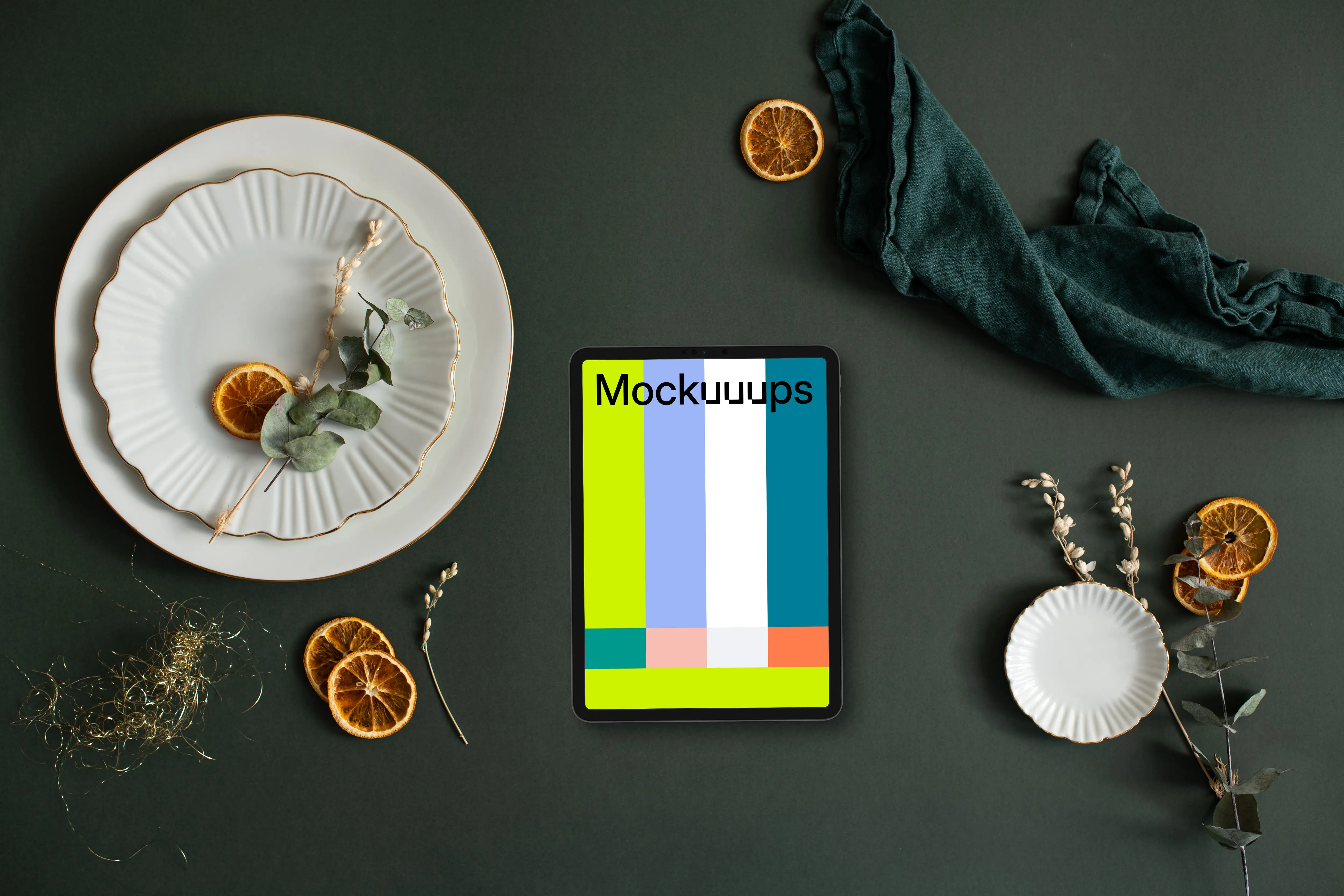 Christmas tablet mockup on dark green background