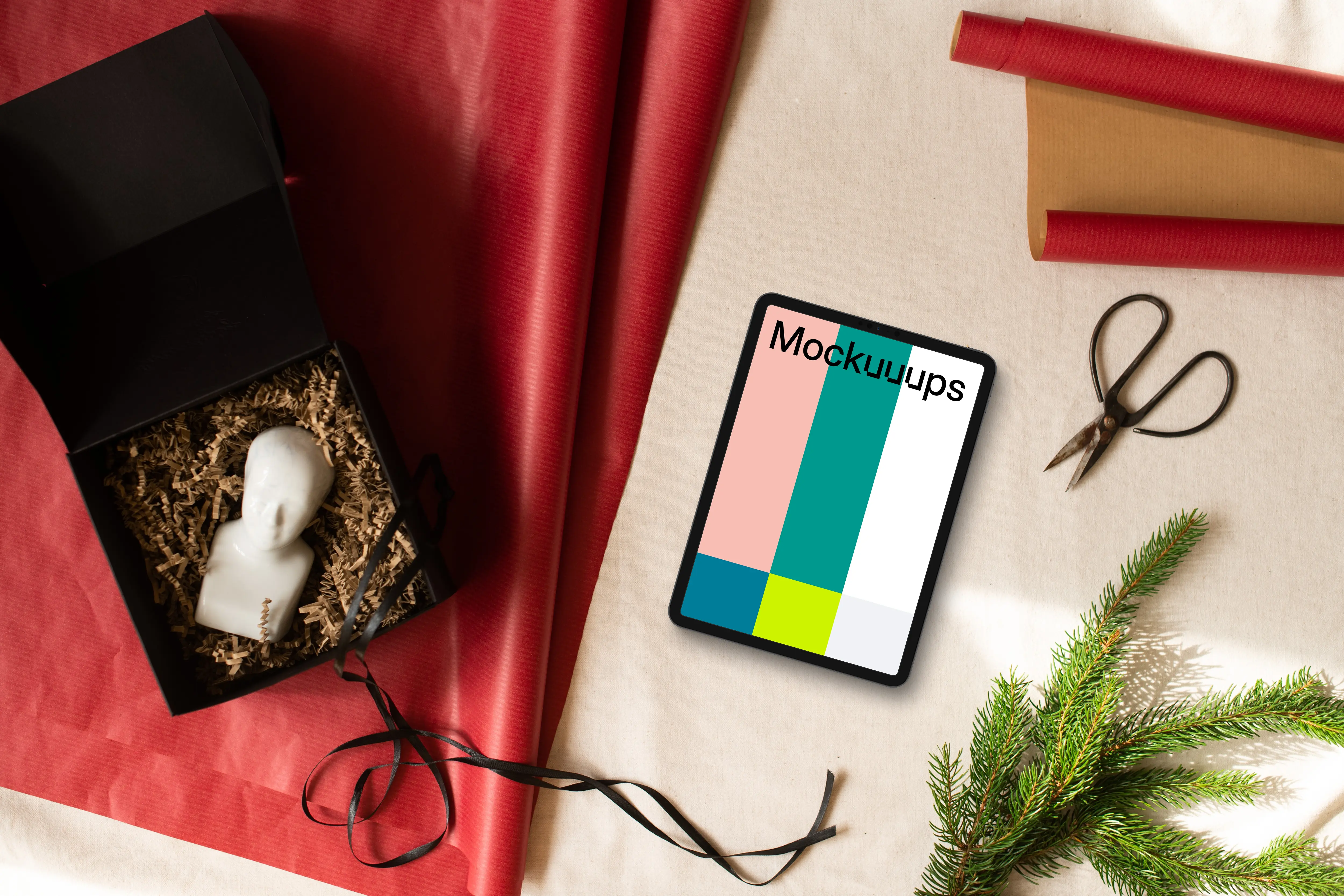 Christmas tablet mockup with gifts on the side