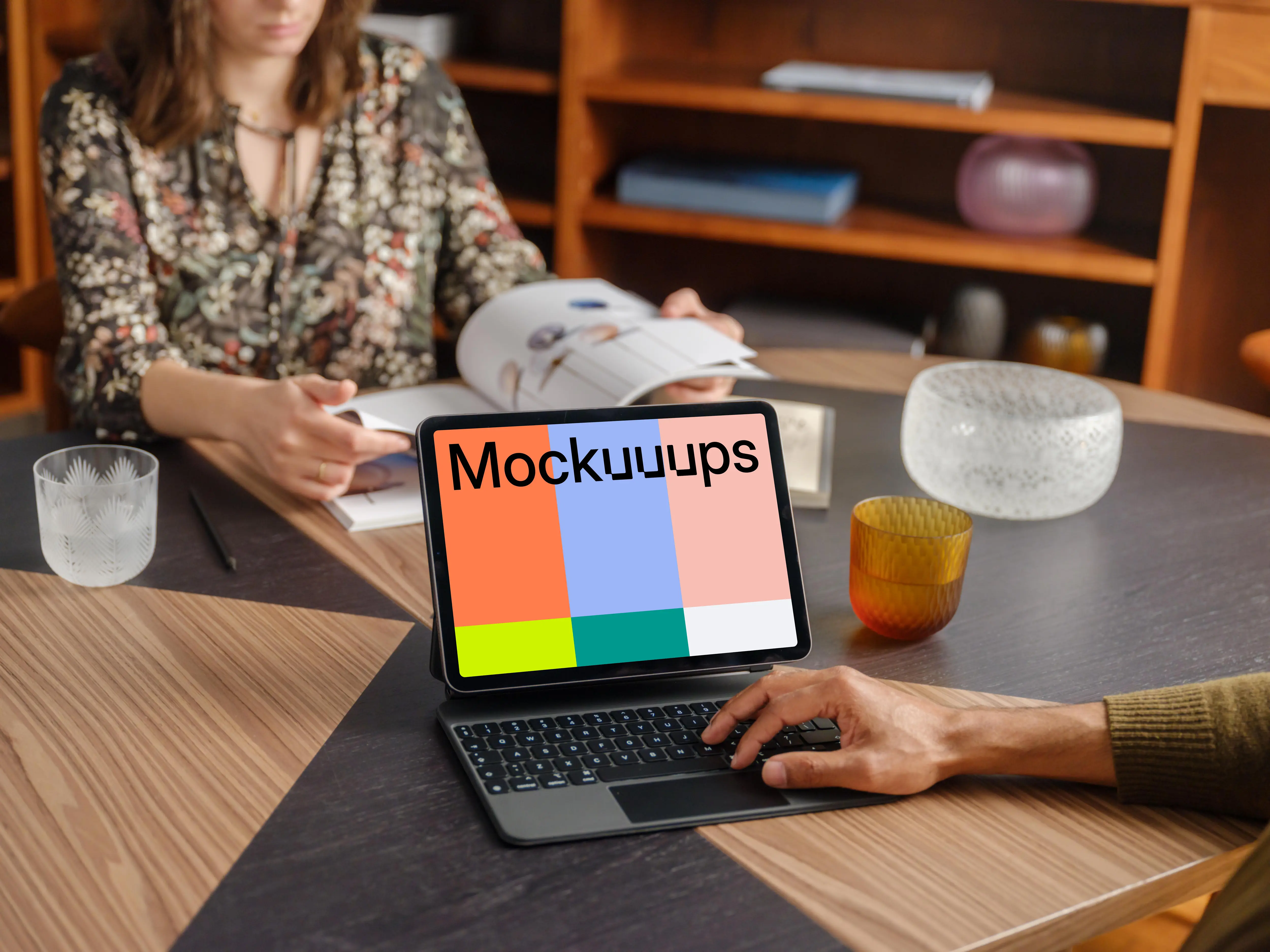 Collaborative office environment with iPad mockup