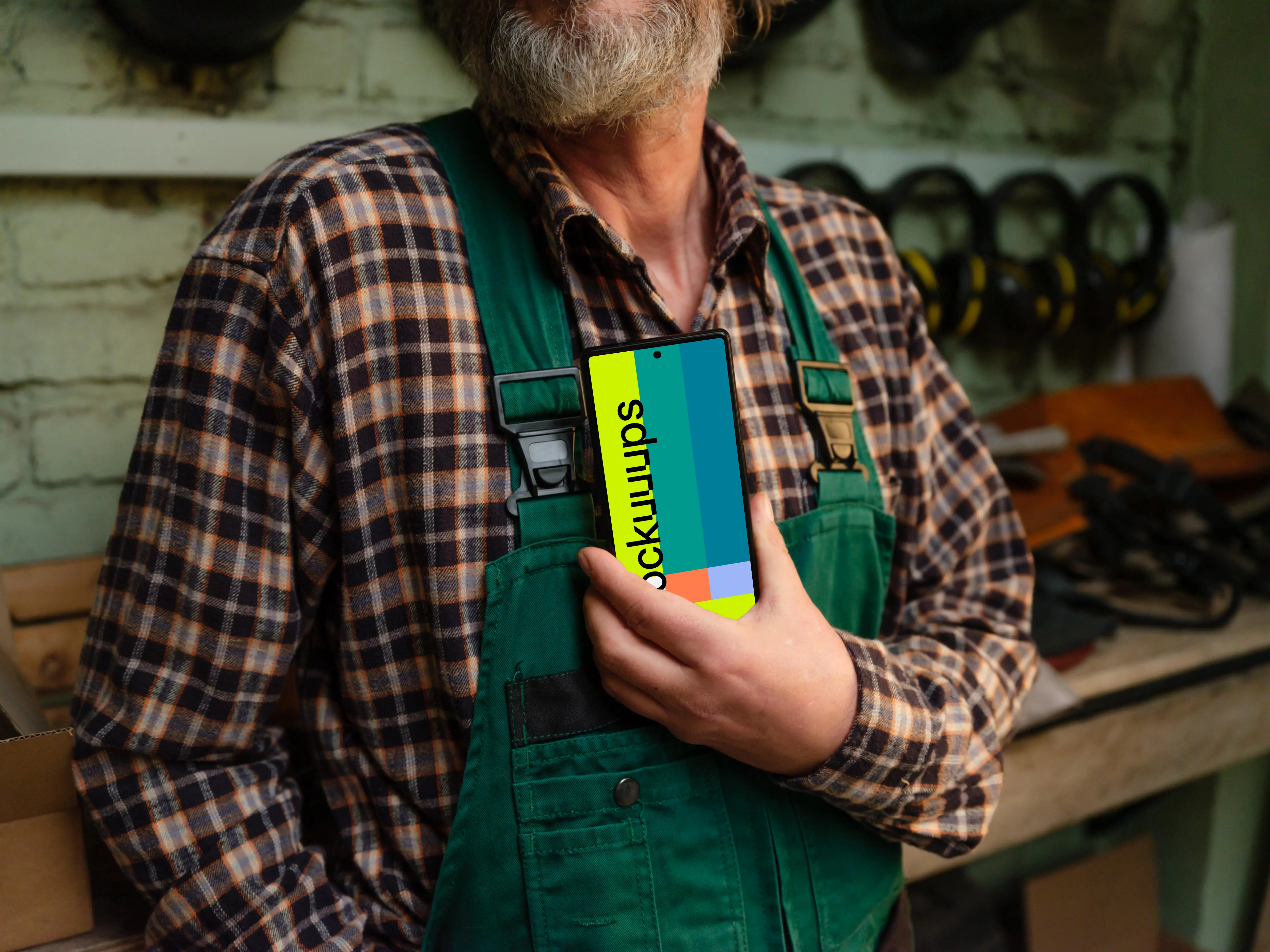 Crafter holding a phone mockup