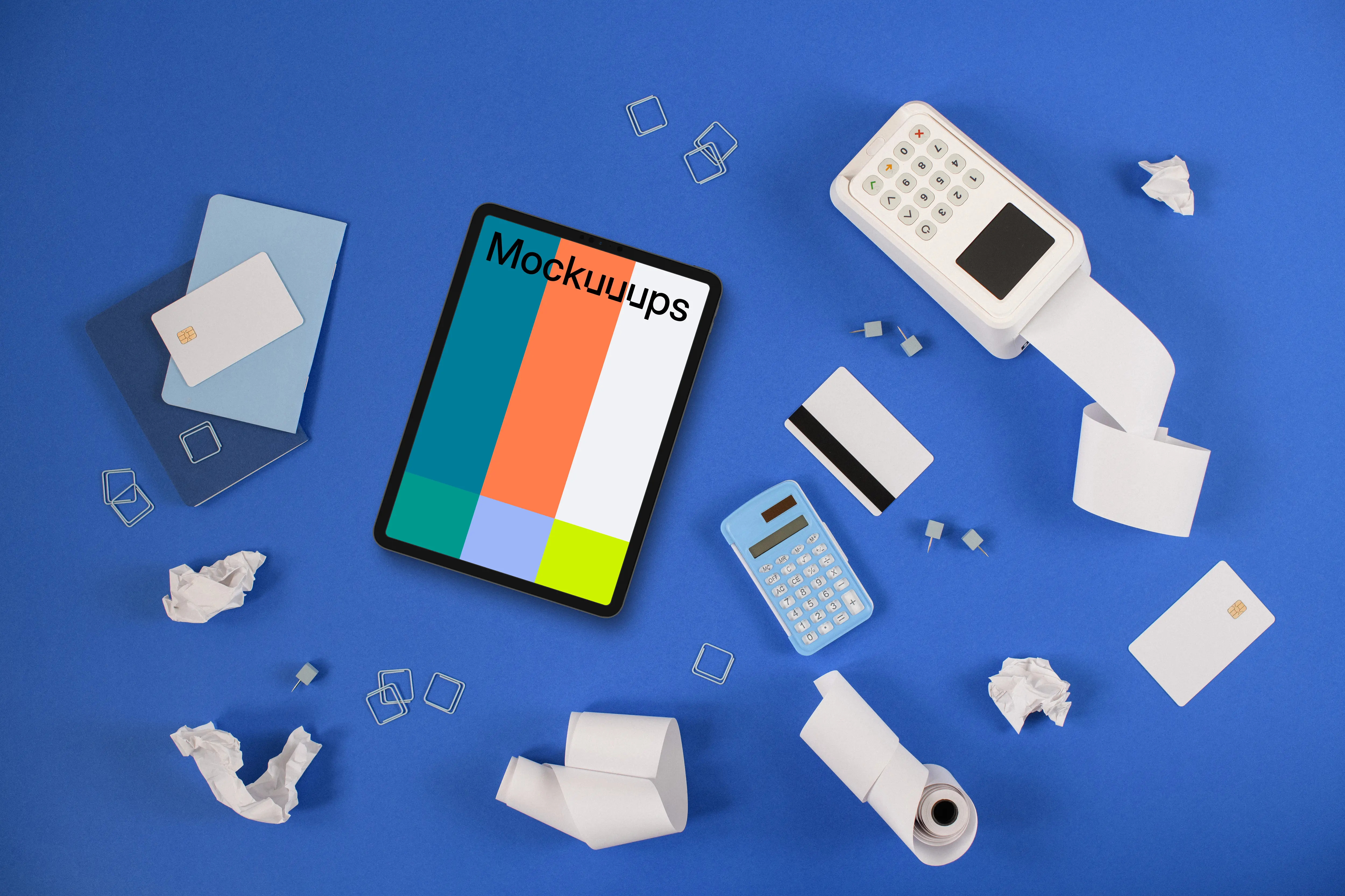 Credit card, payment terminal and an iPad mockup