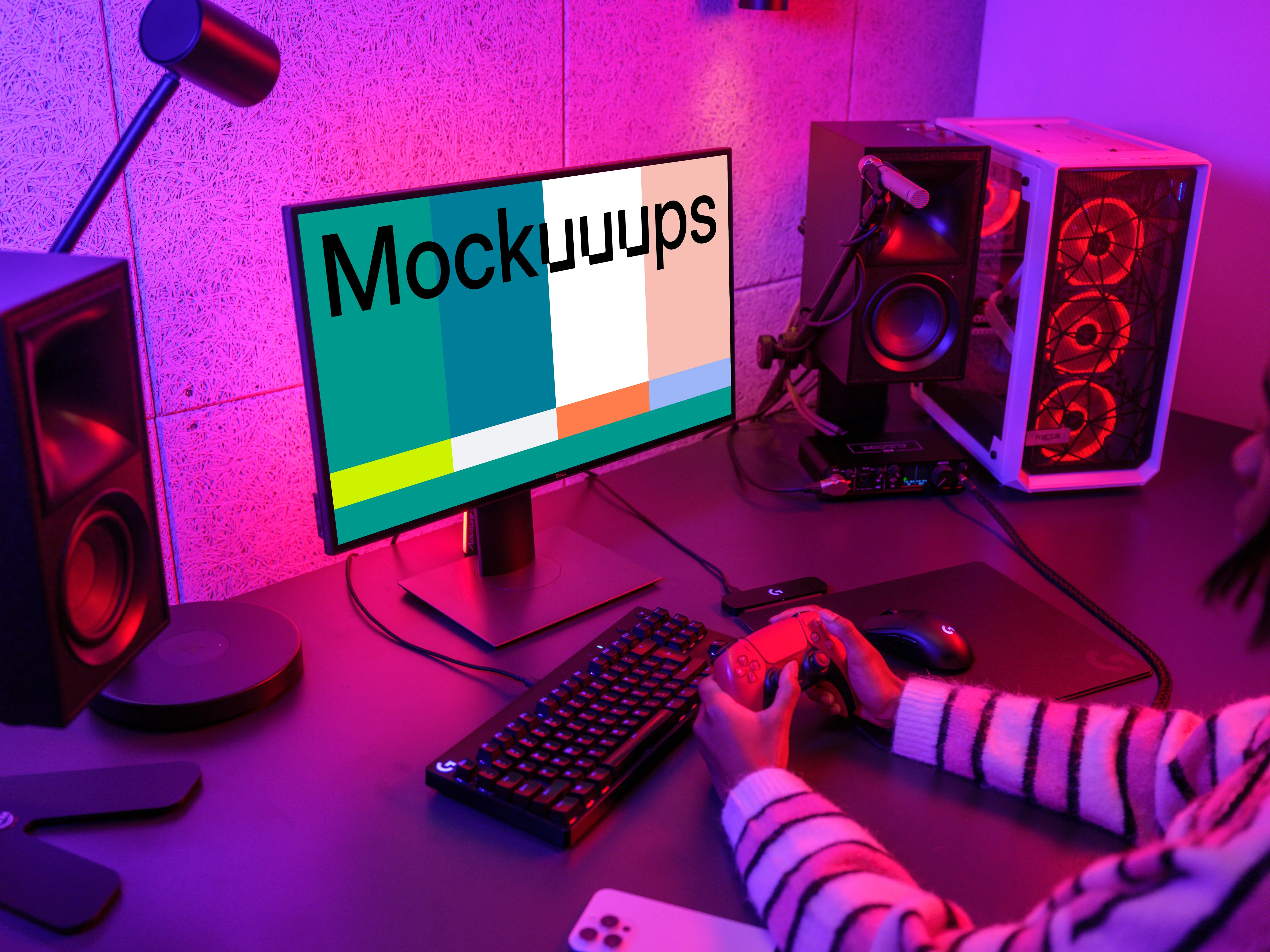 Dell monitor mockup in a vibrant gaming setup