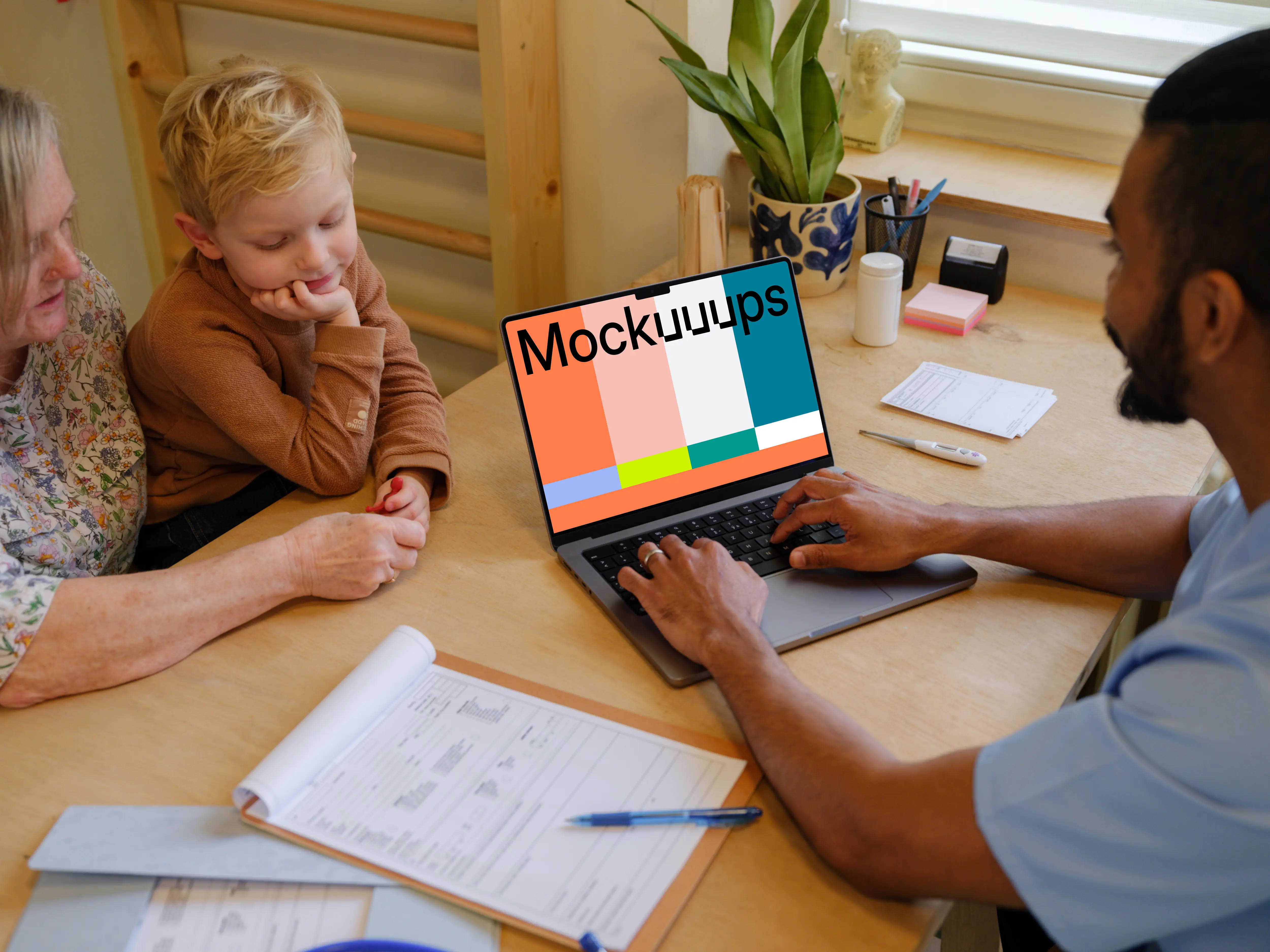 Doctor typing on a MacBook Pro mockup